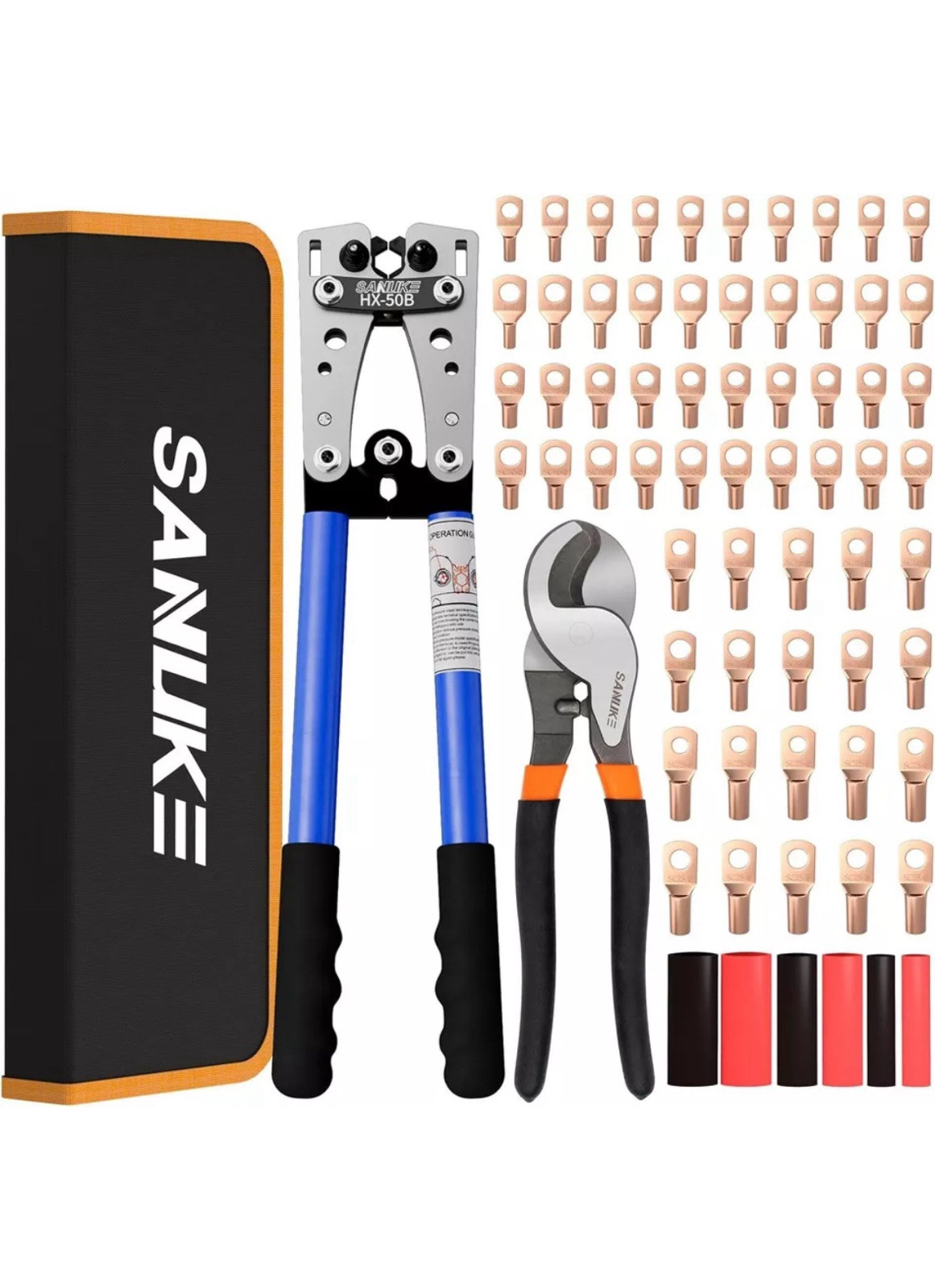 Sanuke Battery Cable Lug Crimping Tool Kit with Cable Cutter 60pcs Ring Terminal