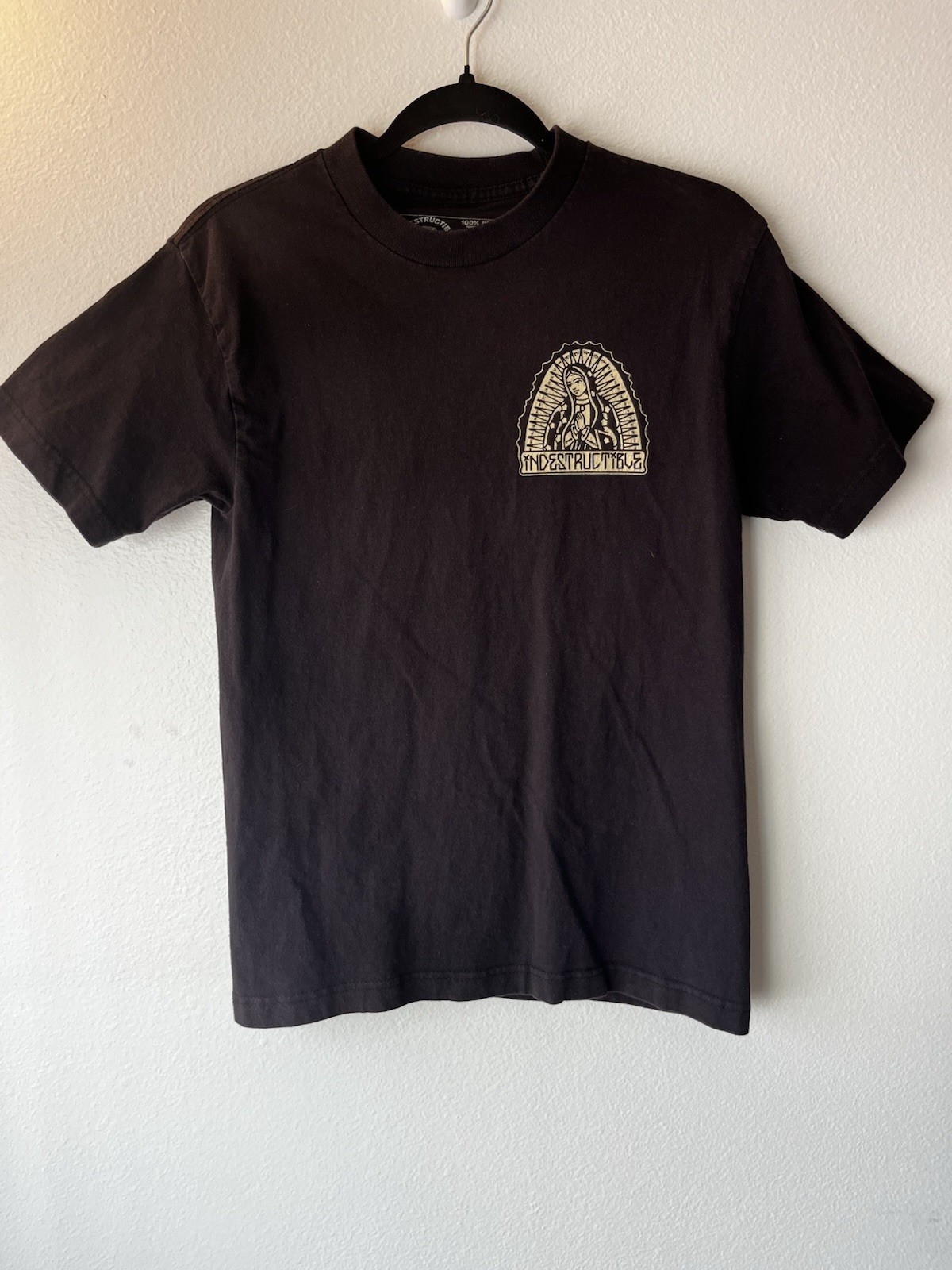Indestructible MFG T-Shirt Men’s Size S Black Virgin Mary Graphic Back Print Indestructible MFG T-Shirt Men’s Size S Black Virgin Mary Graphic Back Print