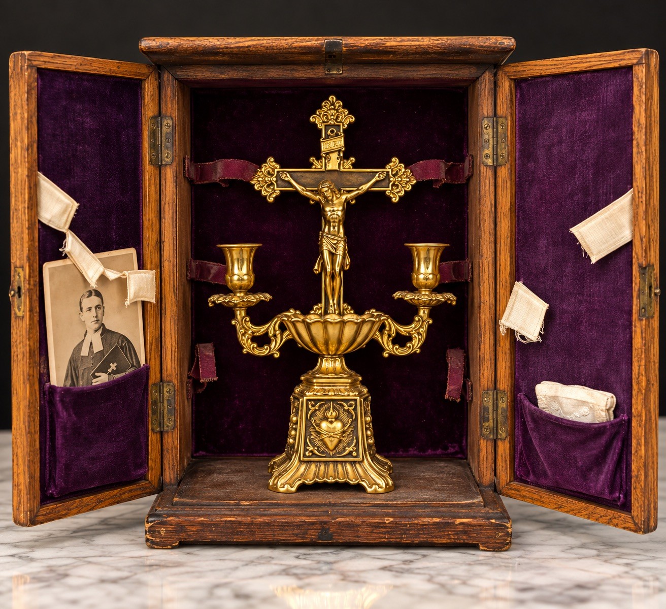 Antique c1900 Ormolu Bronze Catholic Last Rites Sick Call Altar Cabinet Rare
