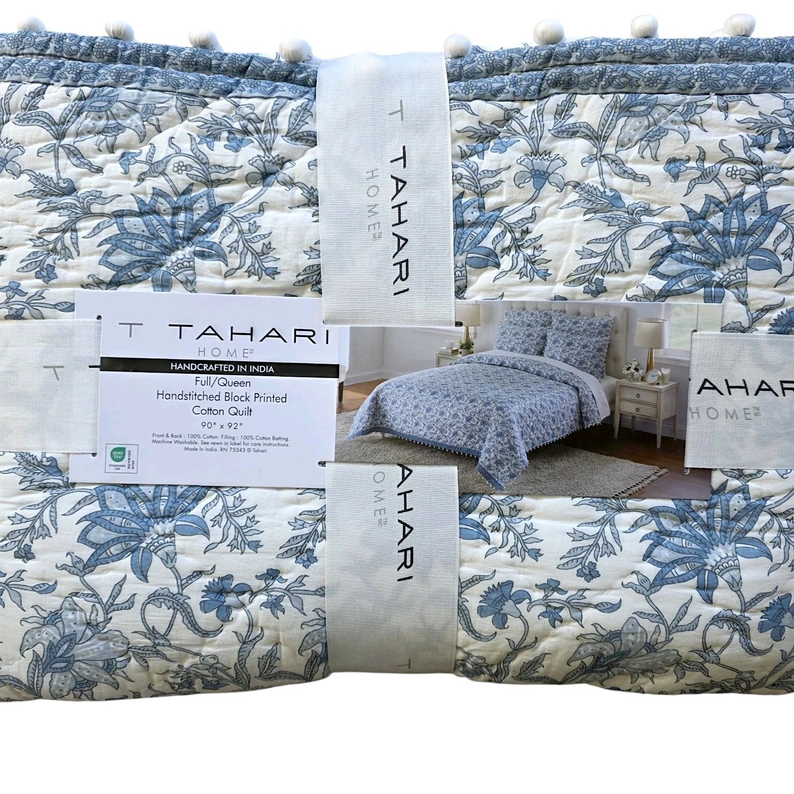 Tahari Cotton Block Print Quilt Full Queen Floral Cottagecore NEW