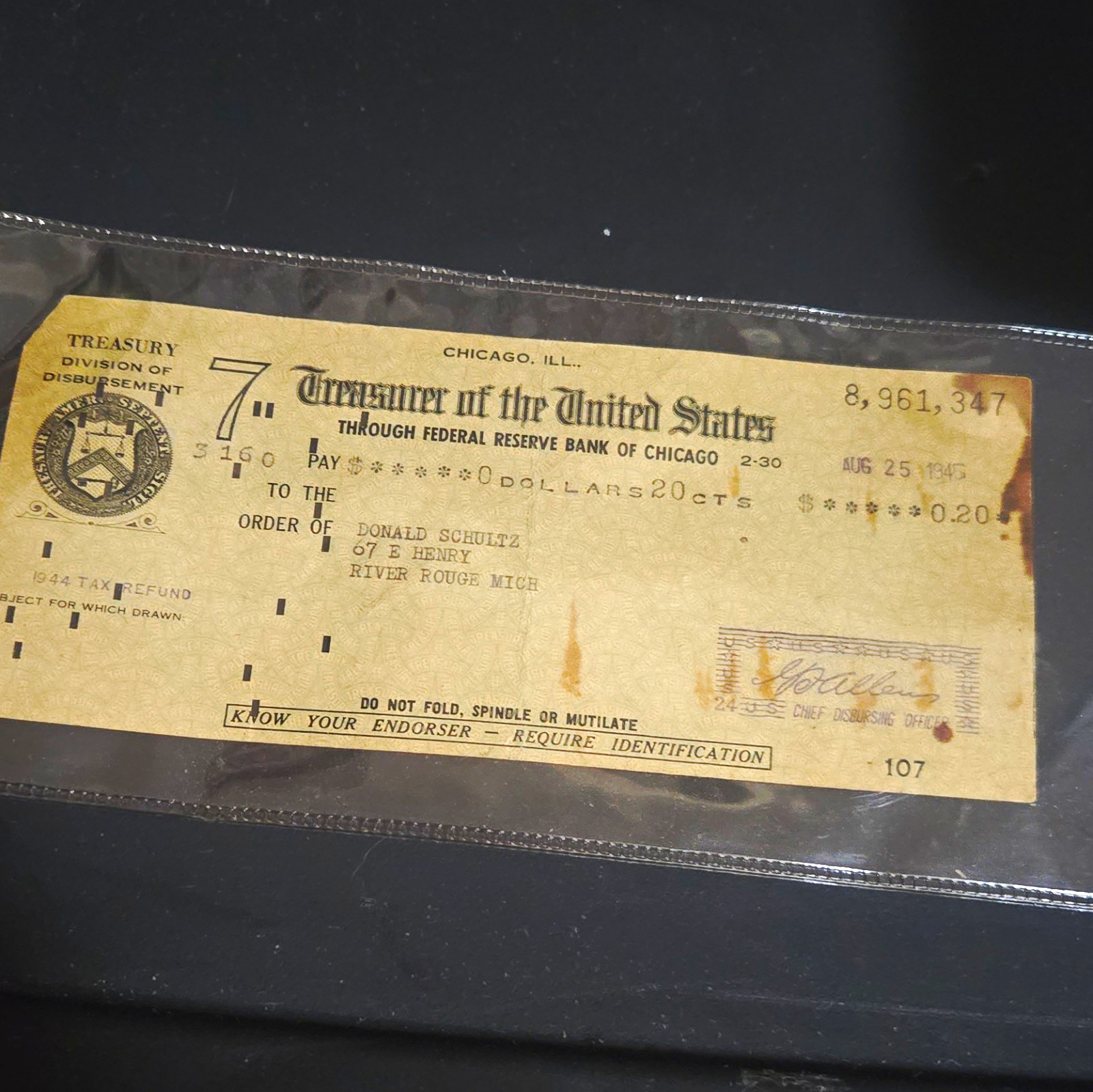 Vintage 1944 U.S. Treasury tax refund check Vintage 1944 U.S. Treasury tax refund check