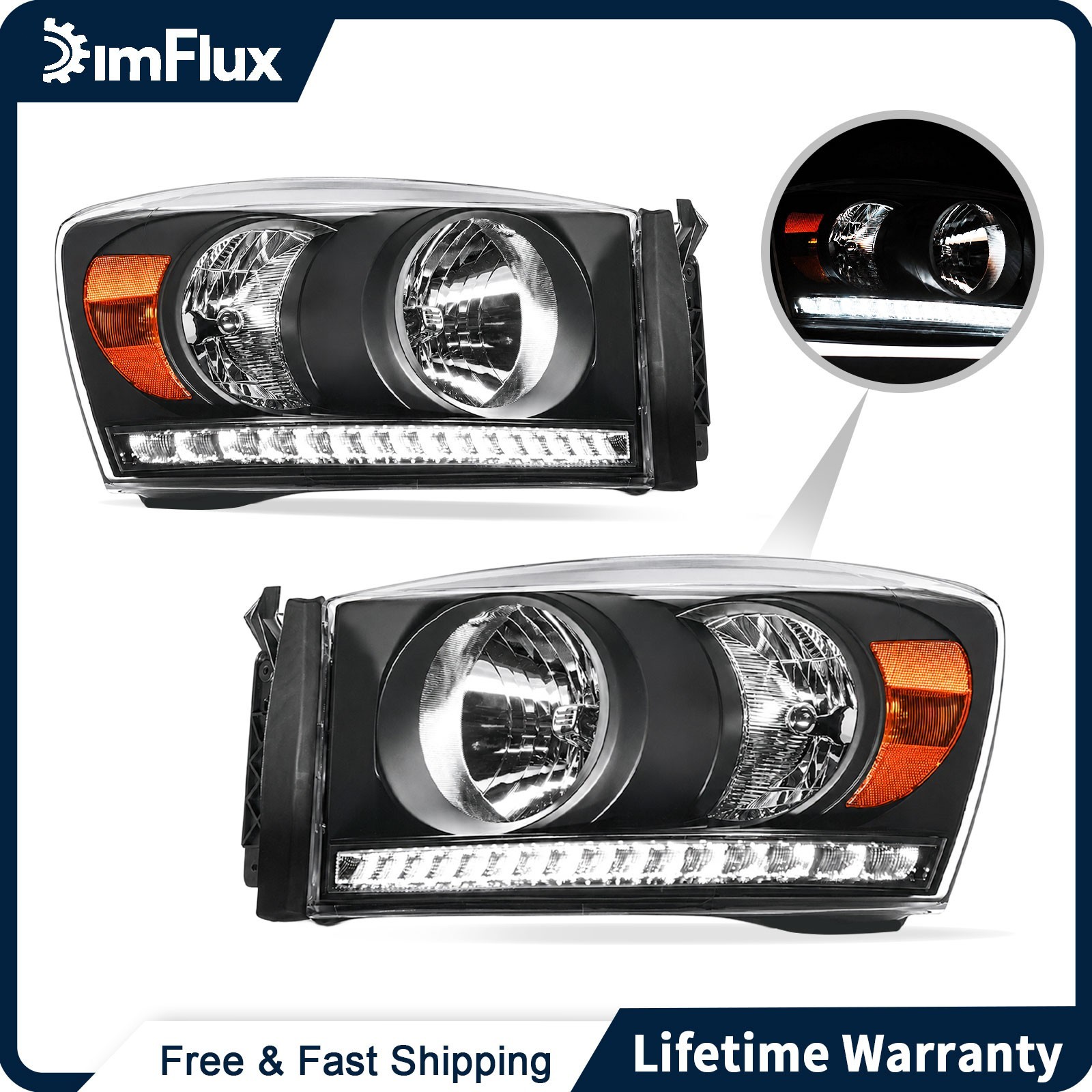 DimFlux  Headlights for 06-08 Dodge Ram 1500 2500 3500 w/LED DRL Black Housing