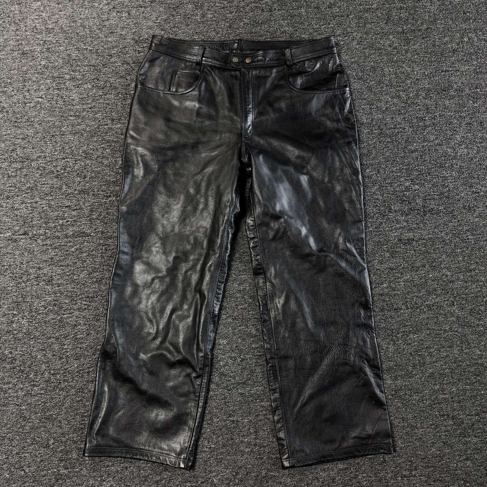 Vintage UNIK Black Leather Motorcycle Biker Straight Leg Heavy Pants Mens Sz 38