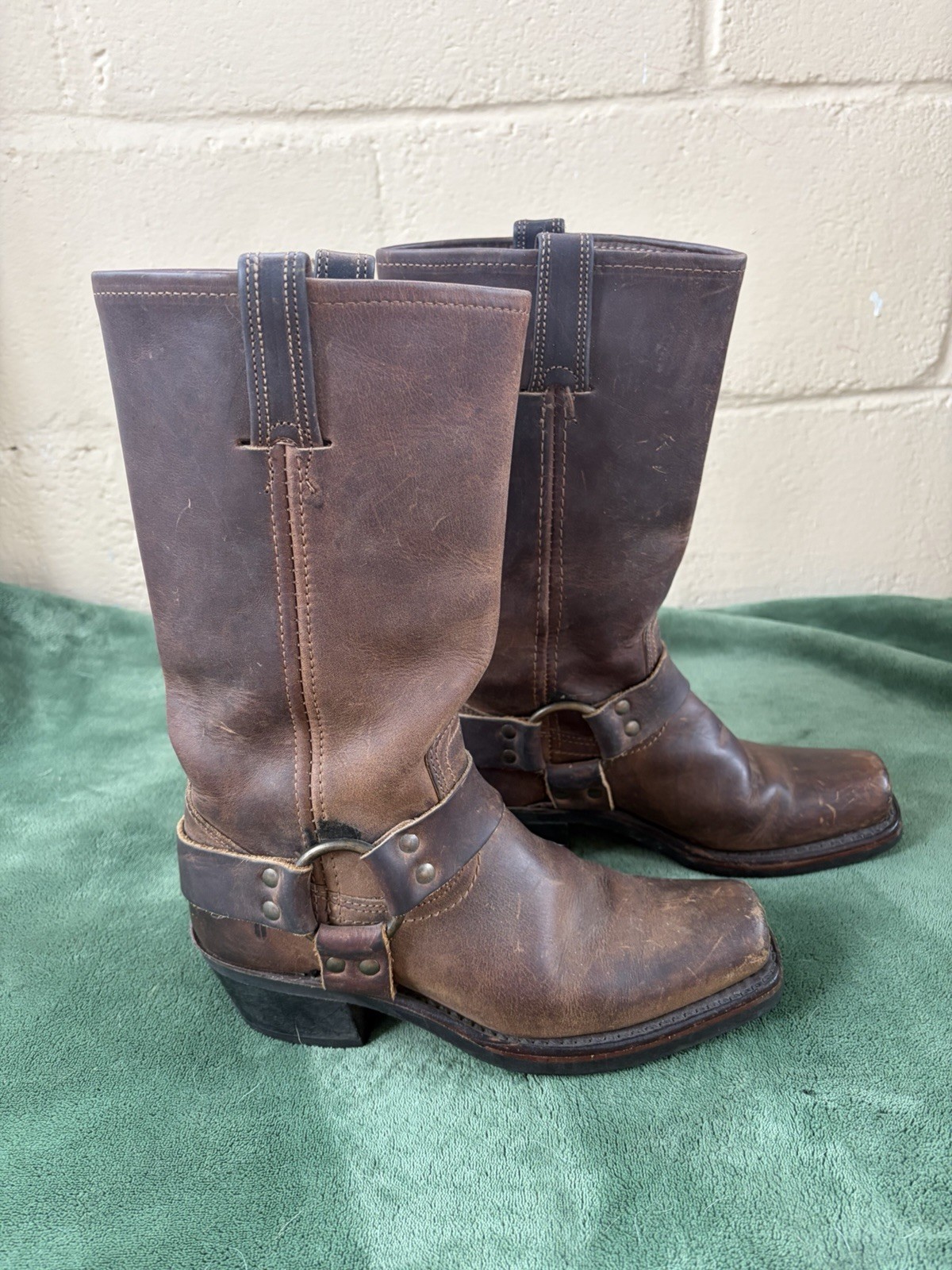 Frye Brown Leather Harness Mid-Calf Pull-On Square Toe Boots 6.5 M