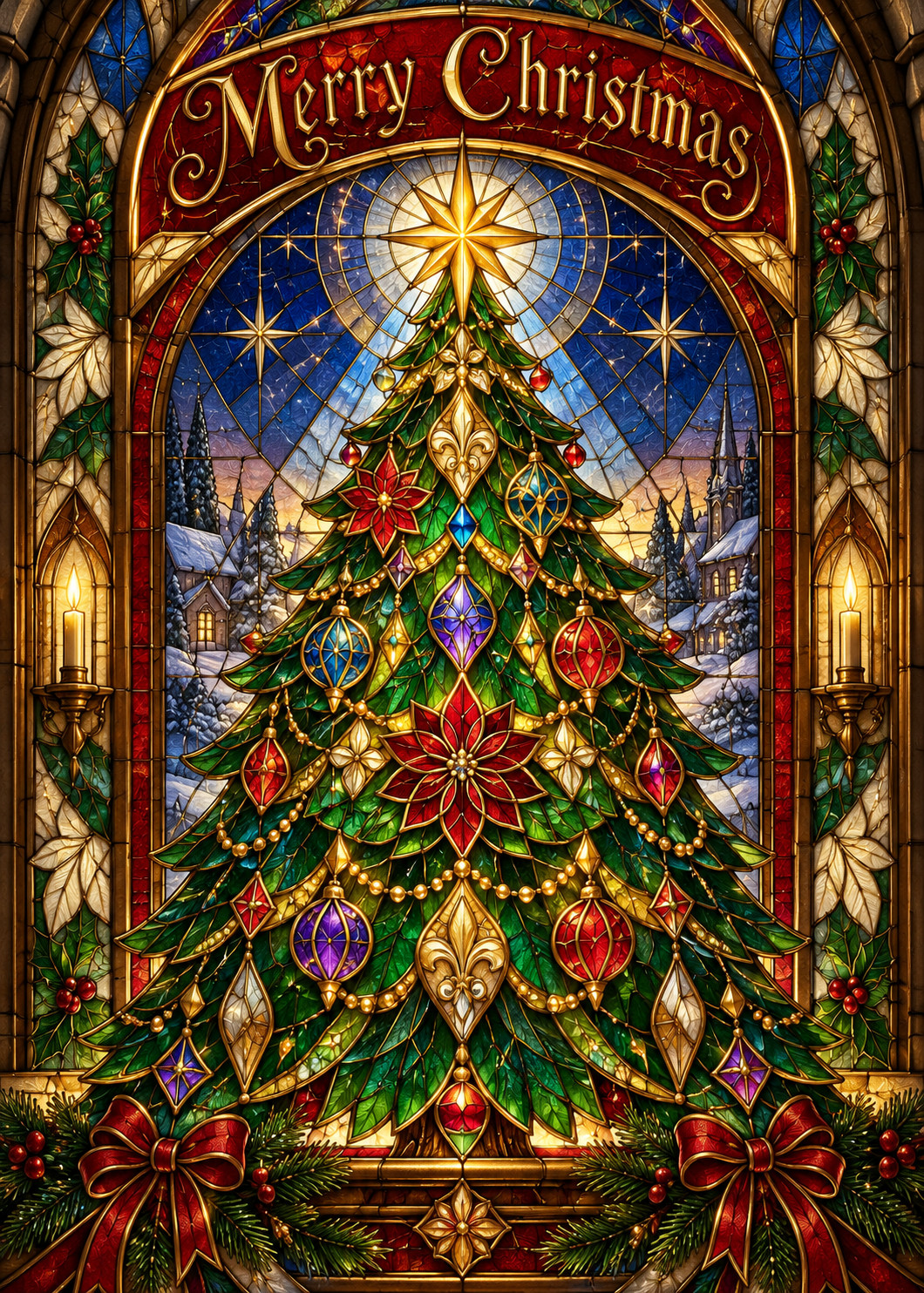 Stained Glass Christmas Tree Card – Elegant Christmas Blessings Holiday Greeting