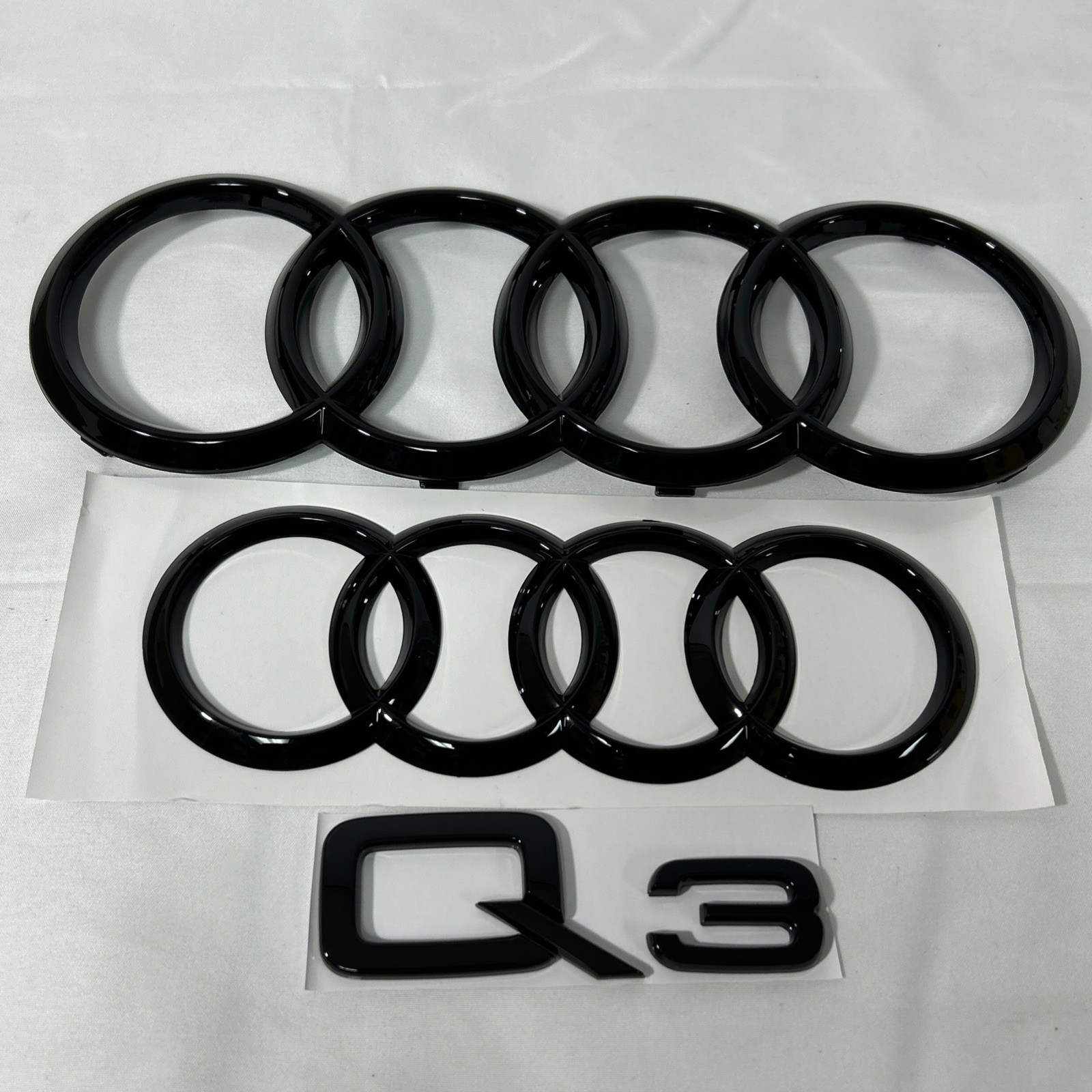 3pc AUDI Q3 4 Ring Front 285mm Grille & Trunk Rear 202mm Adhesive Gloss Black