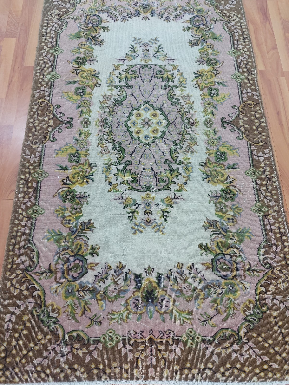 3.83x7 ft Yellow Flowers Carpet Rug, Area Turkish Wool Rug, Handmade Floor Rugs