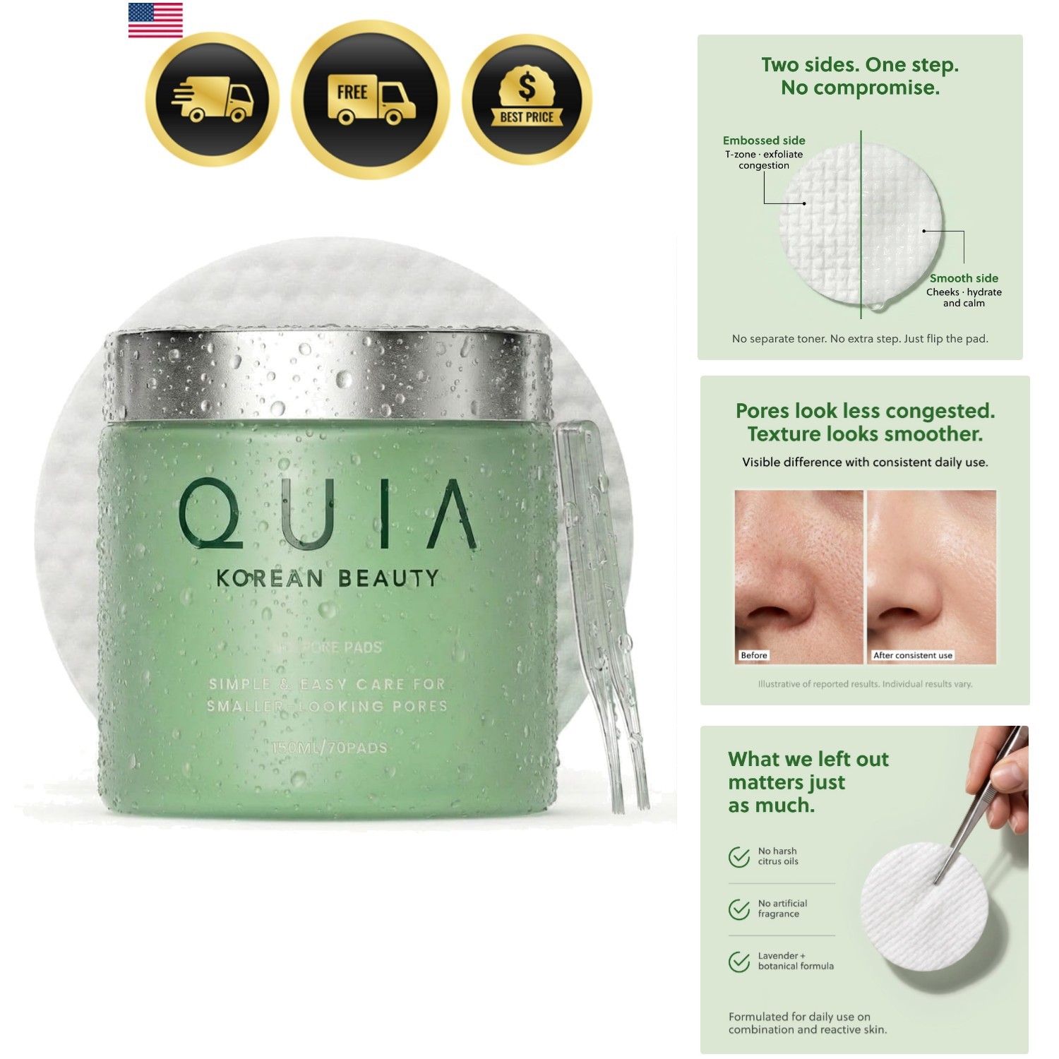 QUIA Toner Pads for Sensitive Skin – Dual-Sided Exfoliating and Hydrating Pad...