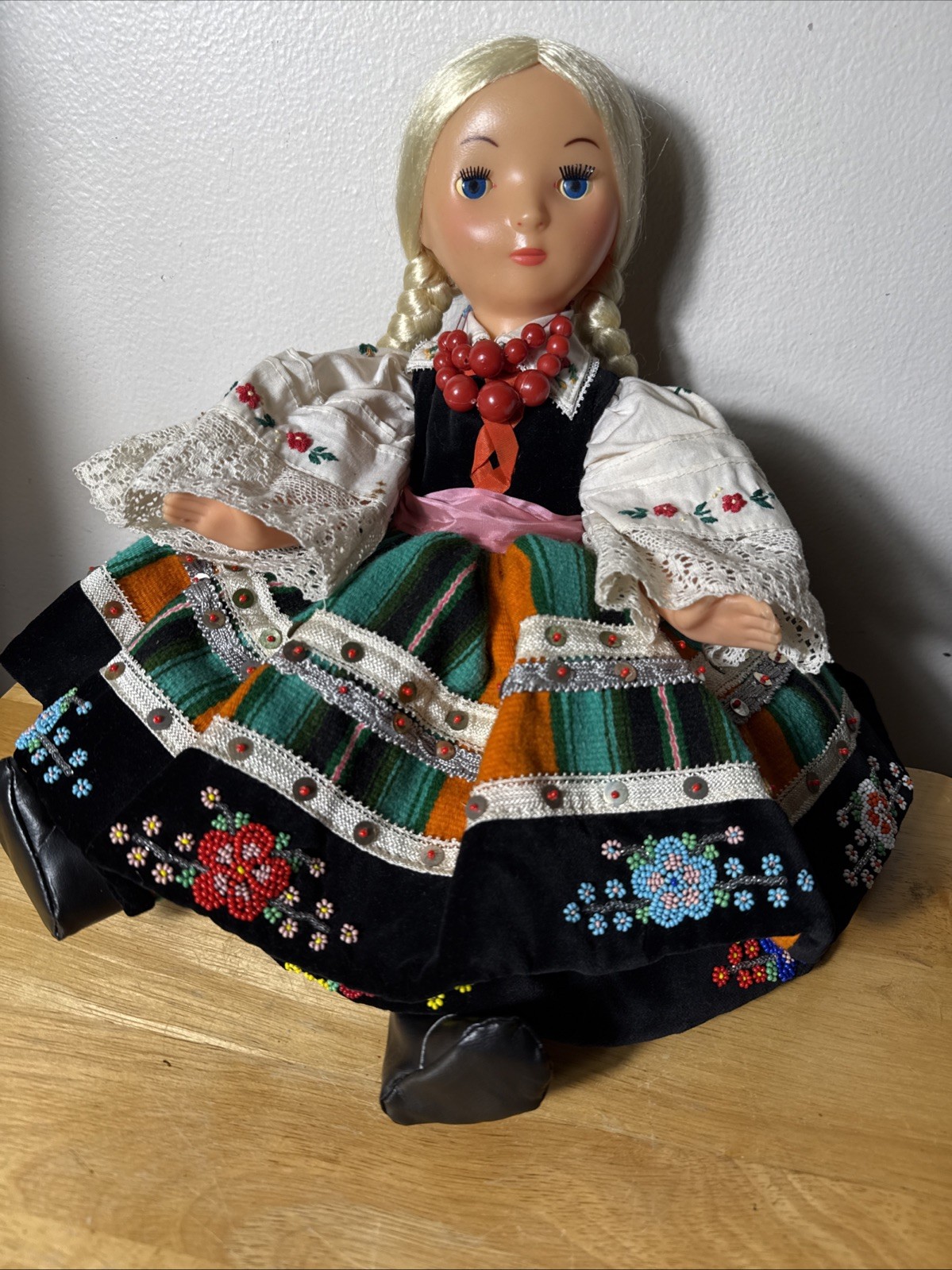 VTG Polish Folklore Doll 17” Beaded Floral Wool Dress Embroidery Lace Muslim