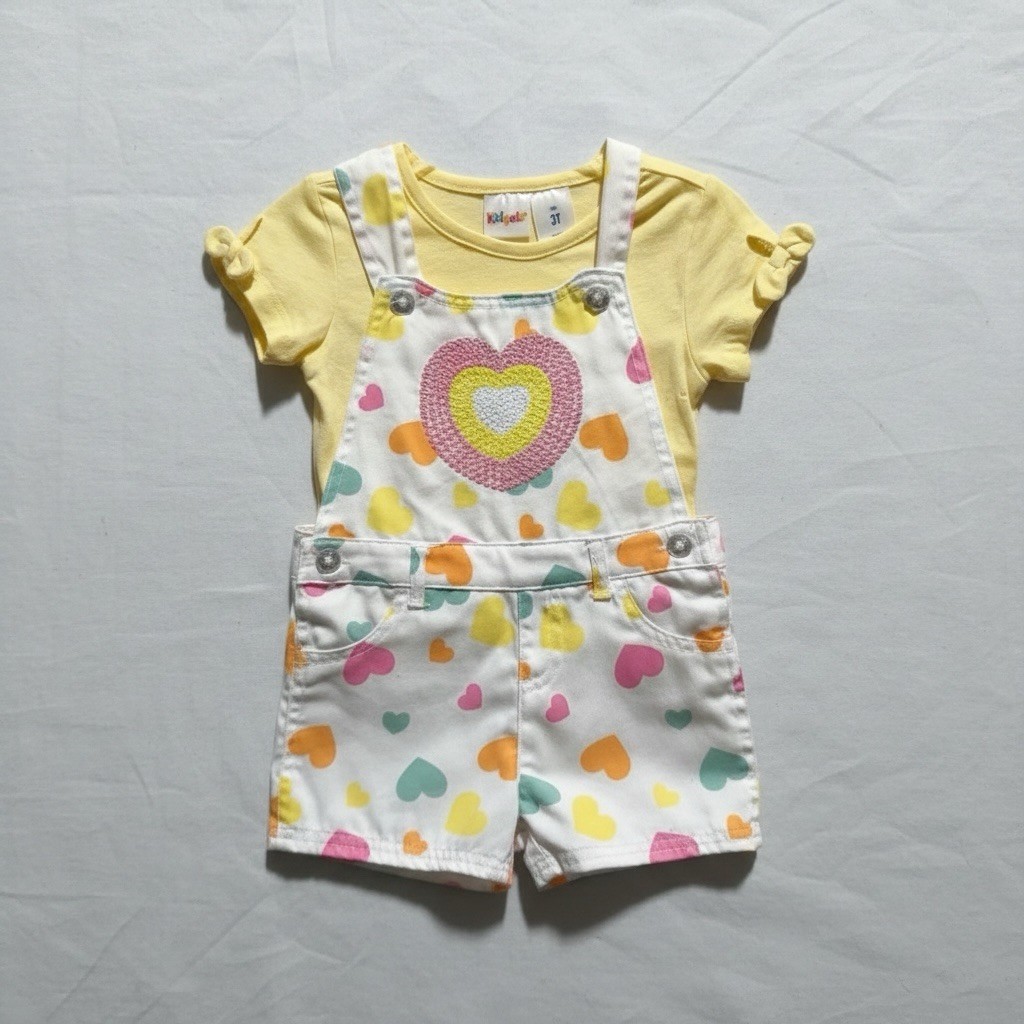 Kidgets Girls 2pc Shorts Set 3T Yellow/White Heart Denim Overalls Pockets Kidgets Girls 2pc Shorts Set 3T Yellow/White Heart Denim Overalls Pockets