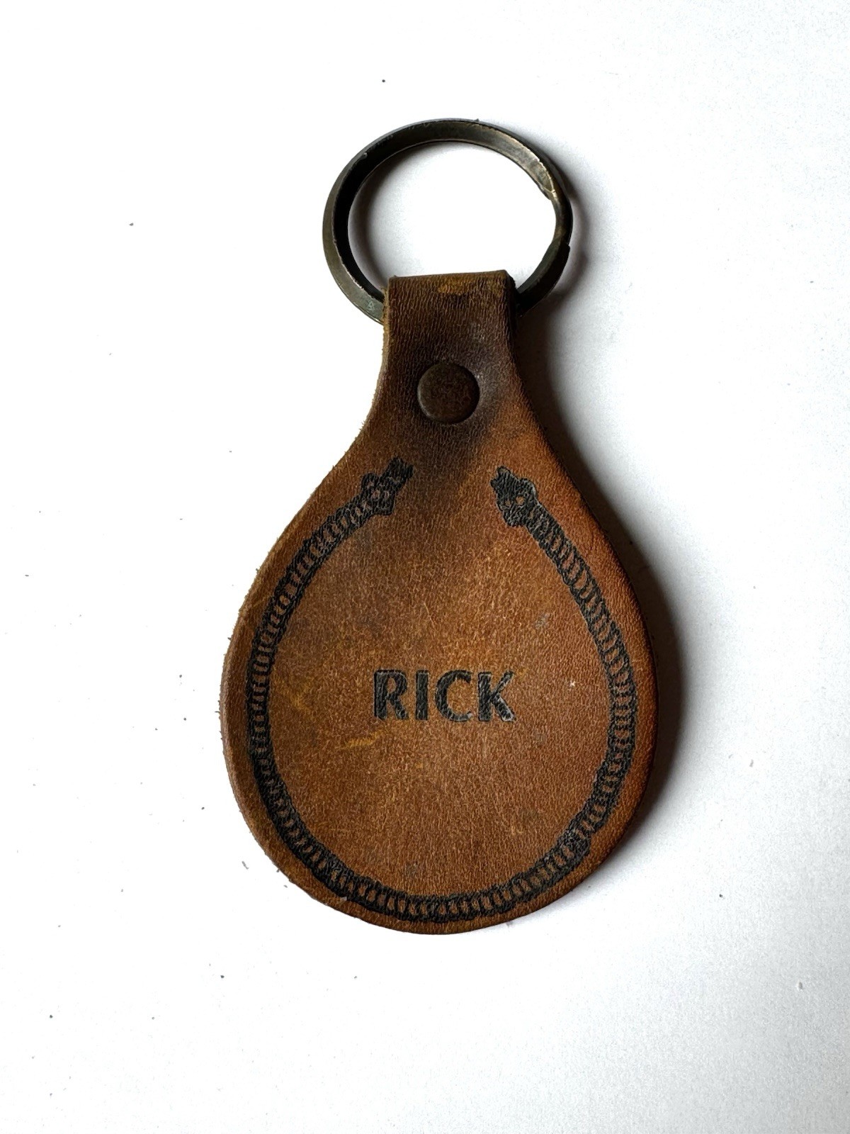 Vintage Personalized RICK Leather Keychain Teardrop Saddle Stitch Fob Vintage Personalized RICK Leather Keychain Teardrop Saddle Stitch Fob