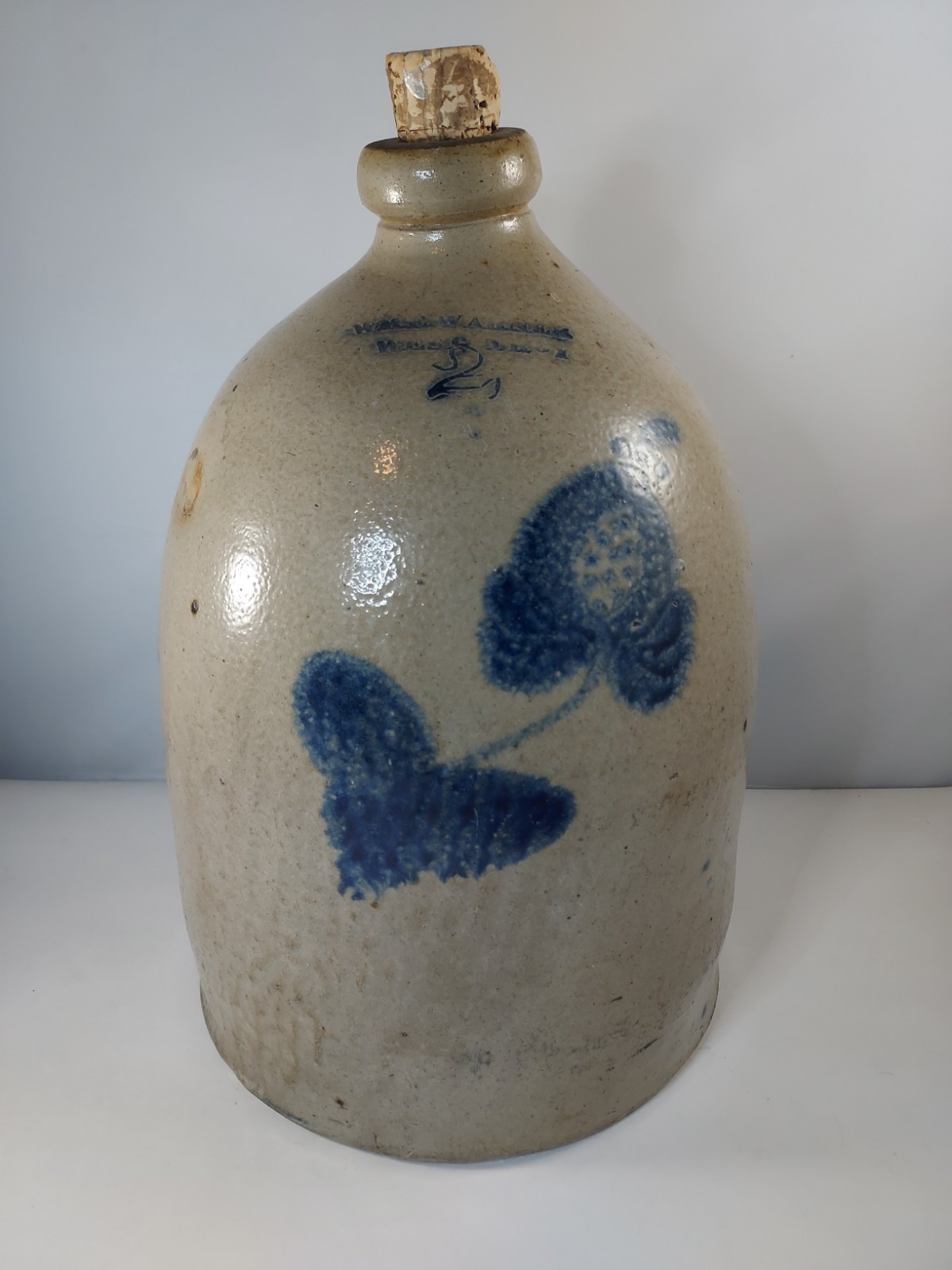 Antique William Wm E Warner Salt Glazed 2 Gal Jug 12.75x8.75 West Troy NY Flower