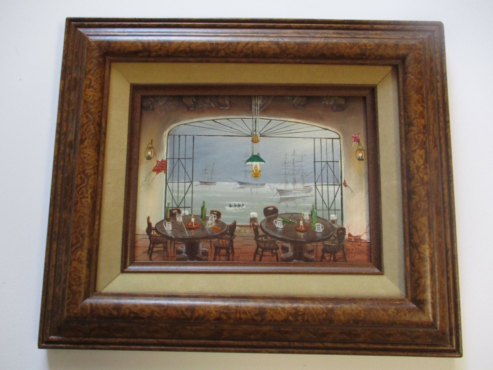 VINTAGE W.E HANS INTERIOR OCEAN VIEW SURREAL SMALL GEM IMPRESSIONIST  BAR CAFE 