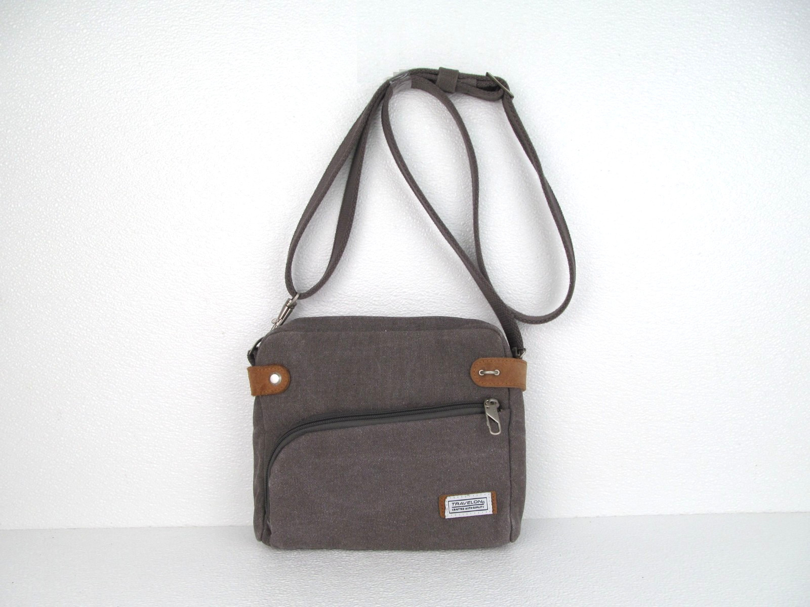 Travelon Heritage Crossbody Bag Gray RFID Theft Protection Canvas Suede Trim