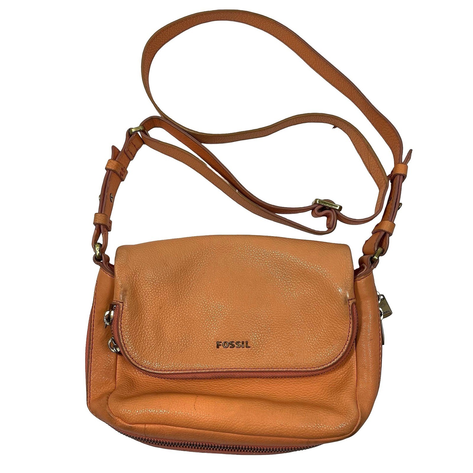 Fossil Preston Small Flap Crossbody Bag Orange Pebble Leather Brass Hardware