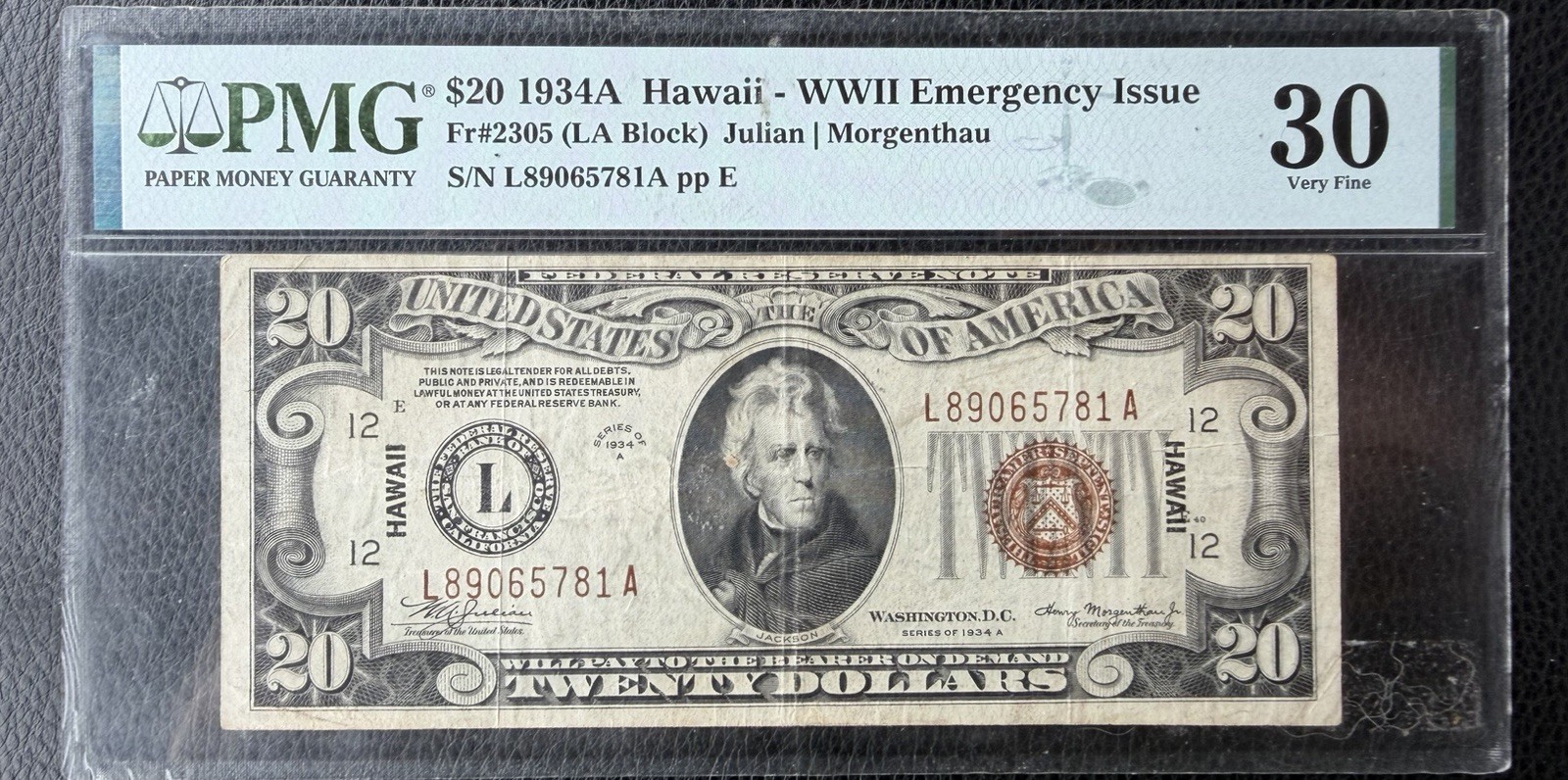 PMG VF 30 PPQ $20 1934A Hawaii WWII Emergency Issue Note Fr#2305 PMG VF 30 PPQ $20 1934A Hawaii WWII Emergency Issue Note Fr#2305