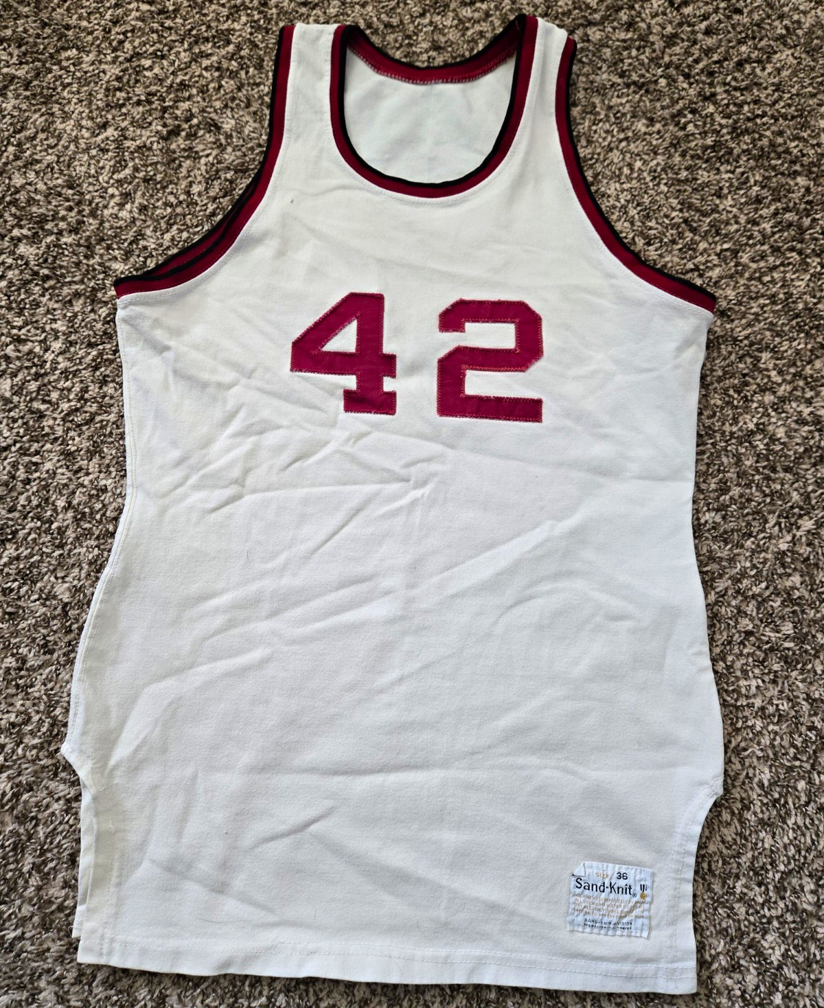 Vtg 70s 80s Sand-Knit Medalist Basketball Jersey 42 Maroon White Sewn Size 36 S Vtg 70s 80s Sand-Knit Medalist Basketball Jersey 42 Maroon White Sewn Size 36 S