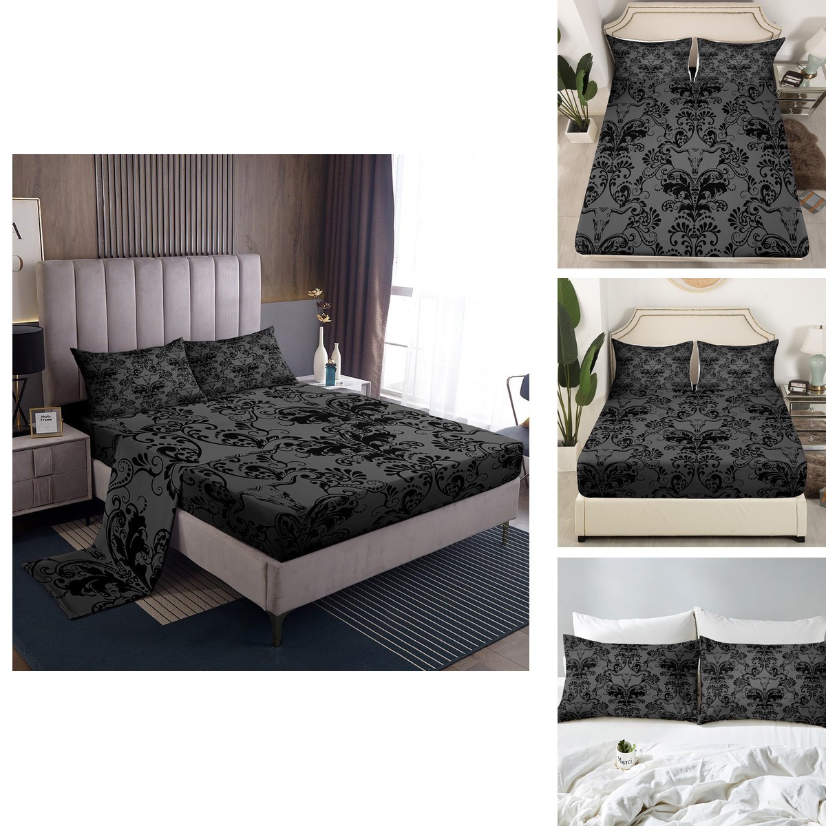 Erosebridal Queen Black Damask Sheet Set Gothic Victorian Baroque Erosebridal Queen Black Damask Sheet Set Gothic Victorian Baroque