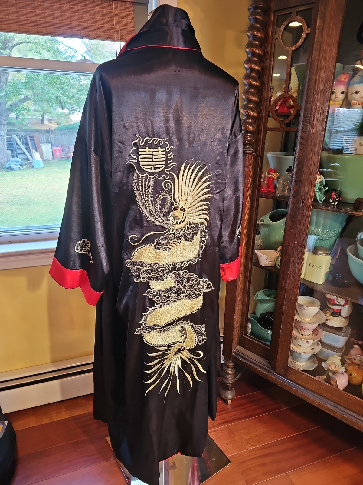 Vintage Chinese Reversible Satin Robe Dragon Tiger Embroidered Kimono Sleeve