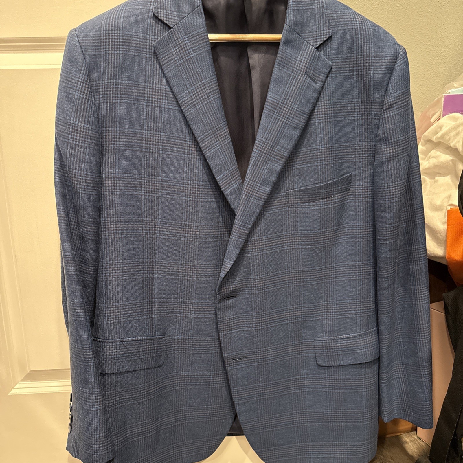 Paul Stuart Sport Coat Jacket Blue Checks Wool Linen Silk 50R (US) Samuelsohn