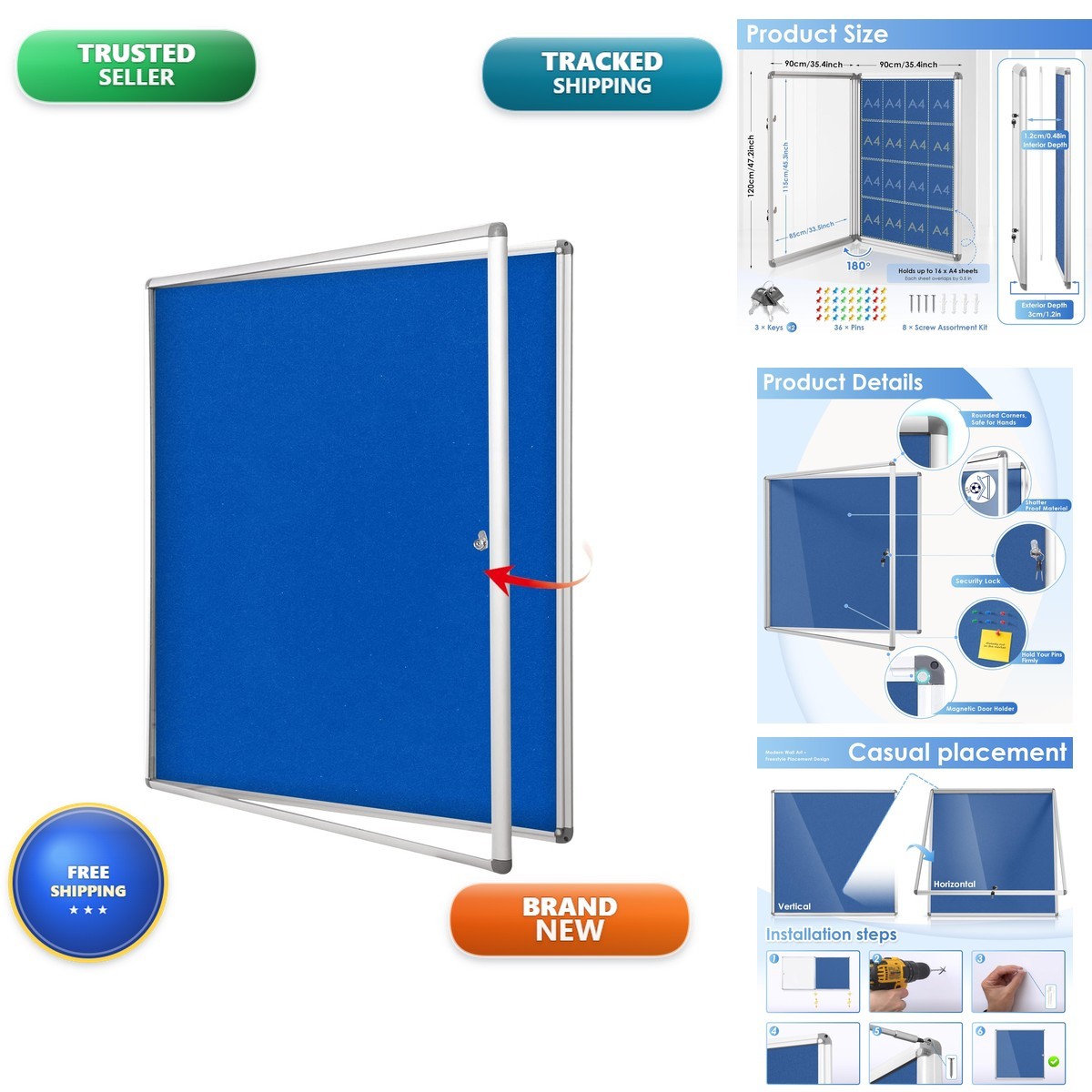 S SWANCROWN SWANCROWN 38x38 In Enclosed Bulletin Board, Lockable Notice Pin