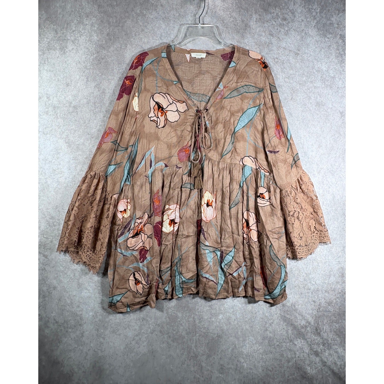 ODDI Blouse Womens 2XL Brown Floral Babydoll Lace Bell Sleeve Peasant Boho Tunic