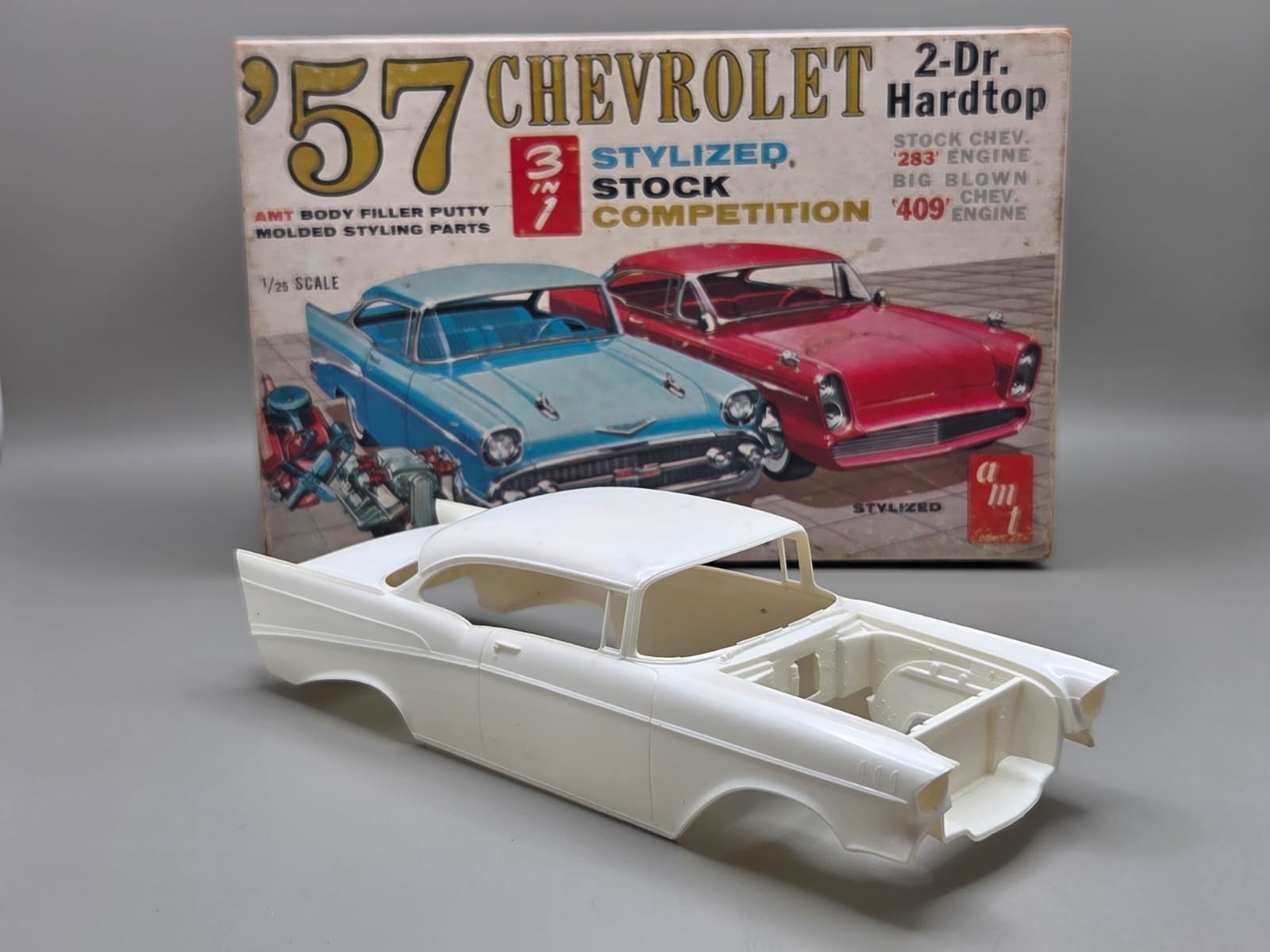 Vintage AMT 1957 Chevrolet 2-Door Hardtop 3-in-1 Model Kit 1/25 Unbuilt Vintage AMT 1957 Chevrolet 2-Door Hardtop 3-in-1 Model Kit 1/25 Unbuilt