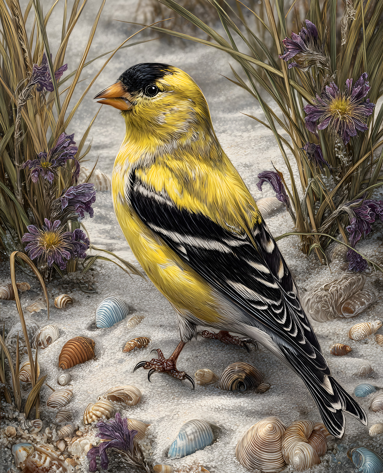 Yellow Goldfinch Standing Among Coastal Wildflowers and Shells Print - 232628309