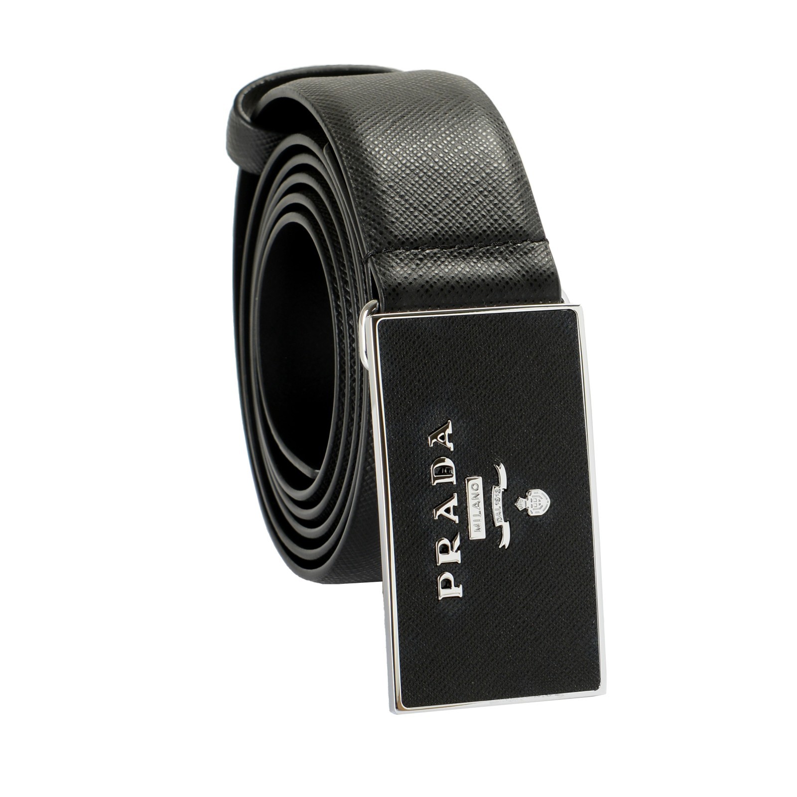 Prada Men\'s Black Leather Metal Engraved Logo Buckle Belt US 34 IT 85 Prada Men\'s Black Leather Metal Engraved Logo Buckle Belt US 34 IT 85