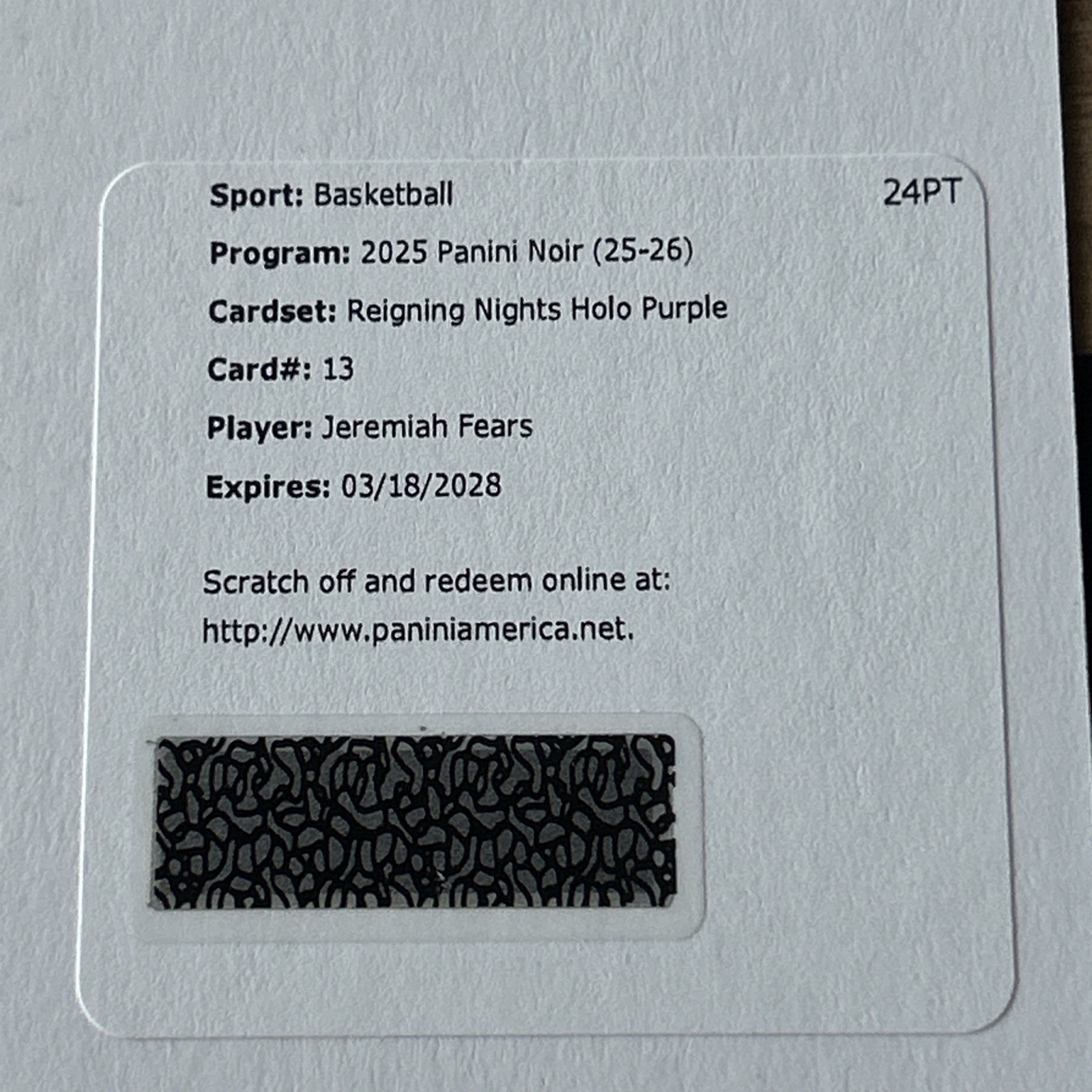 2025-26 Panini Noir Jeremiah Fears RC Reigning Nights Auto Purple /25 (1285)