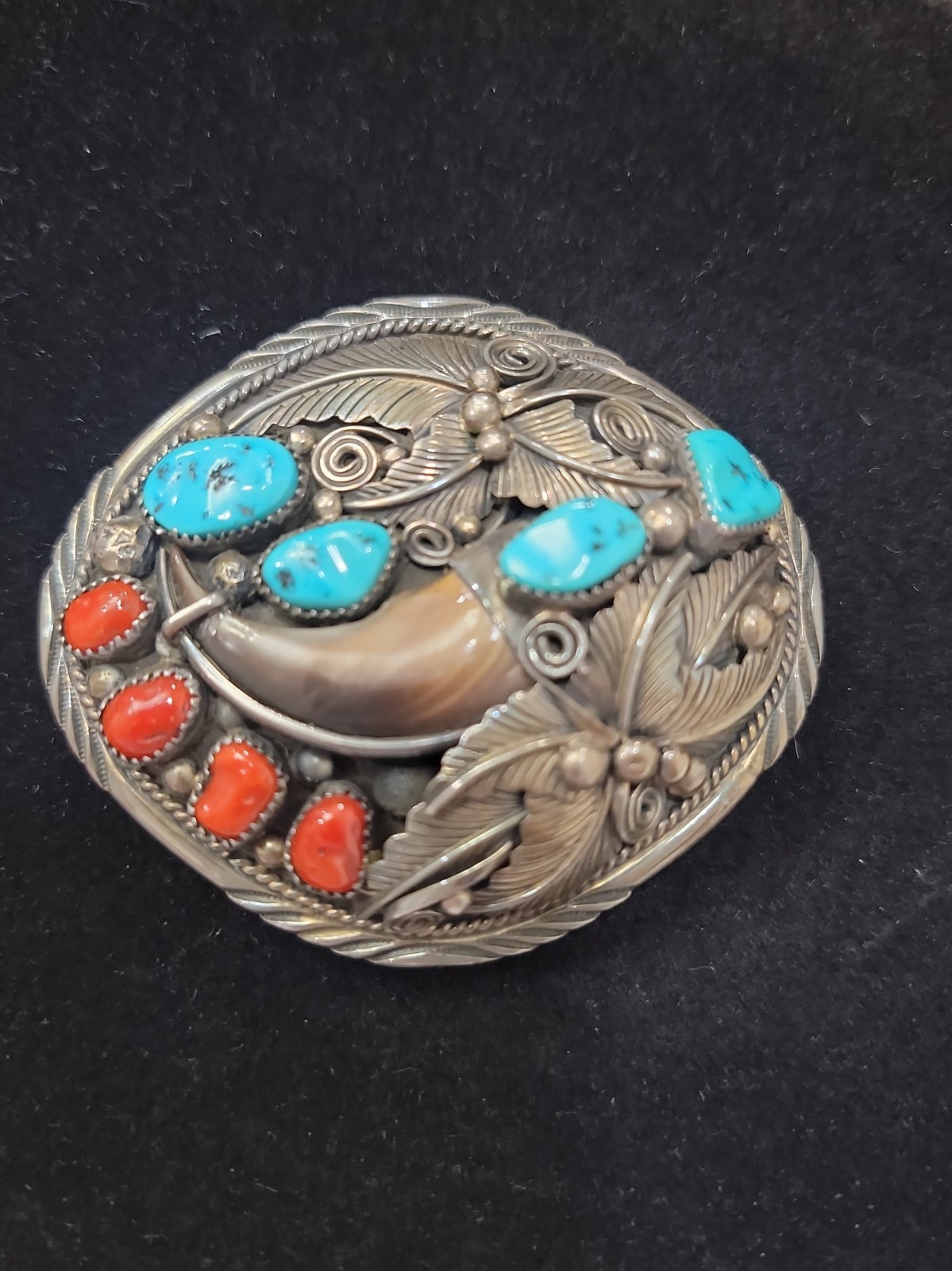 VTG Navajo Sterling Silver Bear Claw Belt Buckle Turquoise Coral 6.93 Grams VTG Navajo Sterling Silver Bear Claw Belt Buckle Turquoise Coral 6.93 Grams