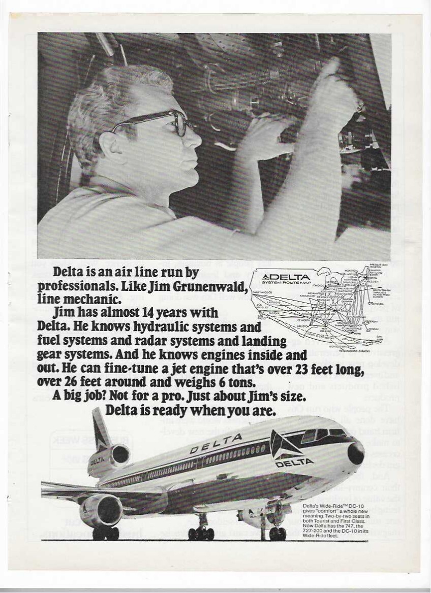 1973 Delta Airlines W/ Jim Grunenwald & Otis Advertising Vintage Print Ads