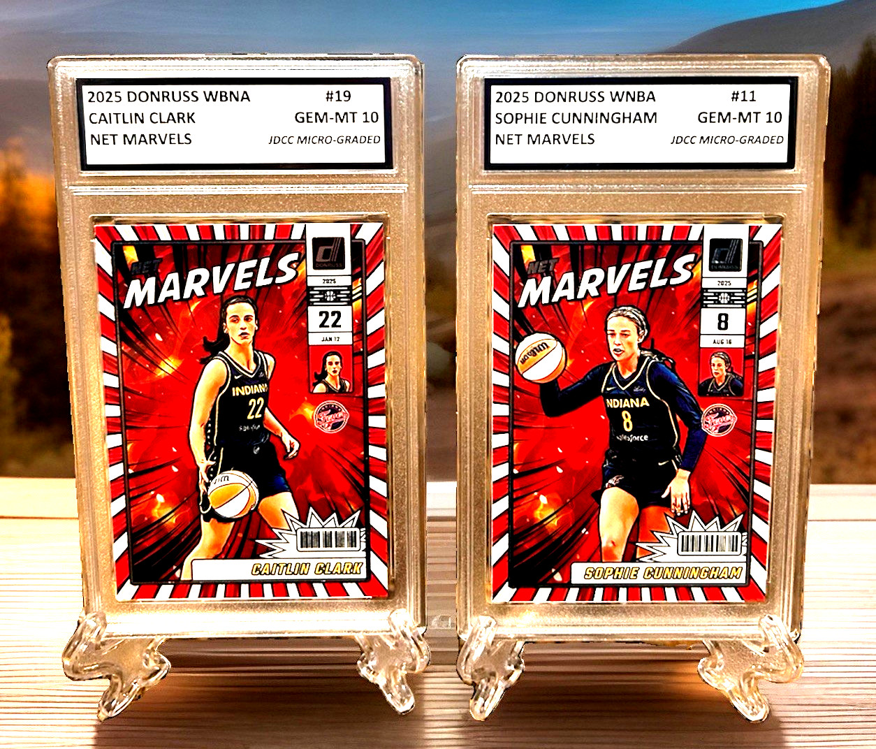 2 CAITLIN CLARK/SOPHIE CUNNINGHAM 2025 DONRUSS Net Marvels GRADED GEM-MT 10 LOT