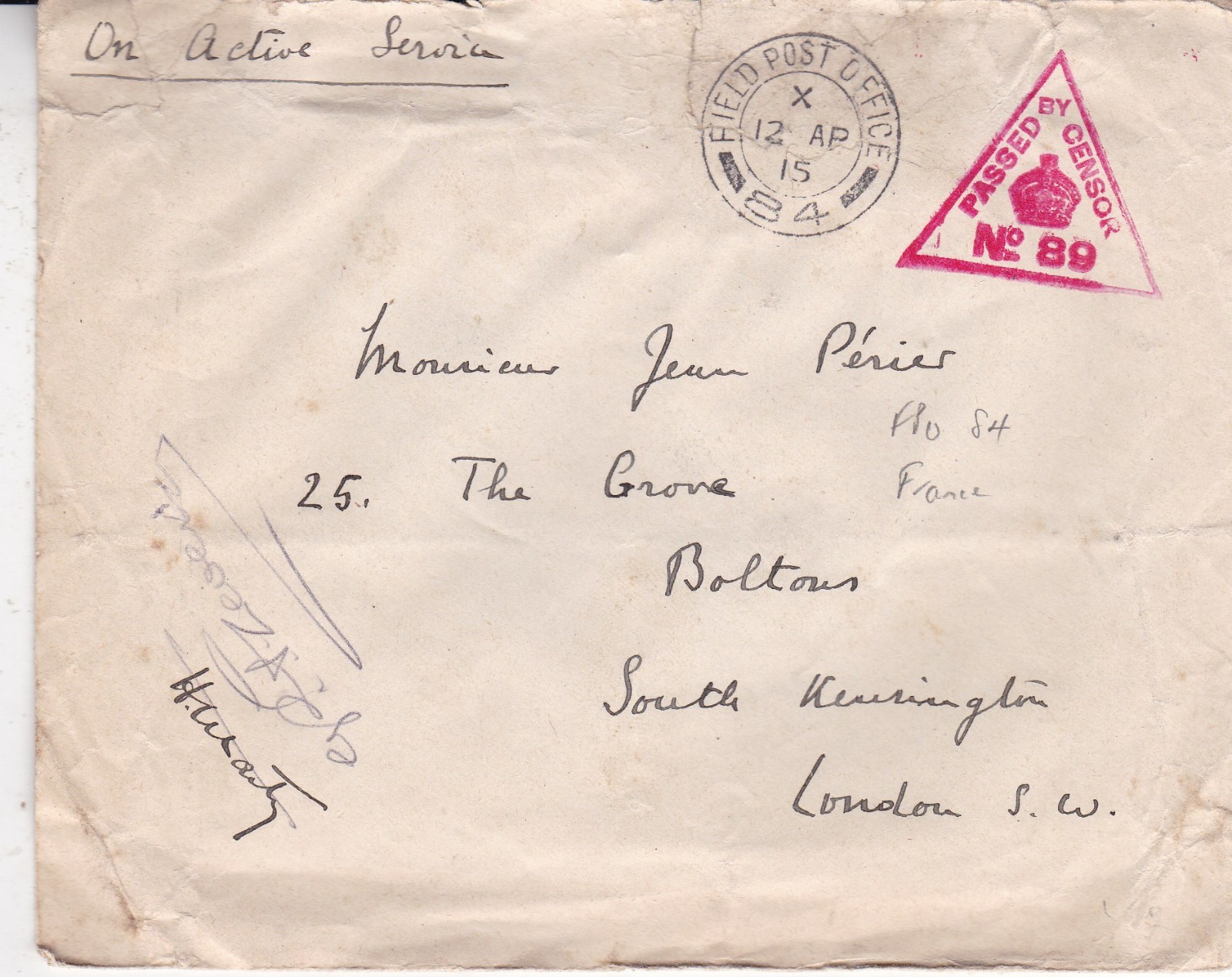 GB 1915 Gallipoli to South Kensington cover Field Post Office 84 written GB 1915 Gallipoli to South Kensington cover Field Post Office 84 written