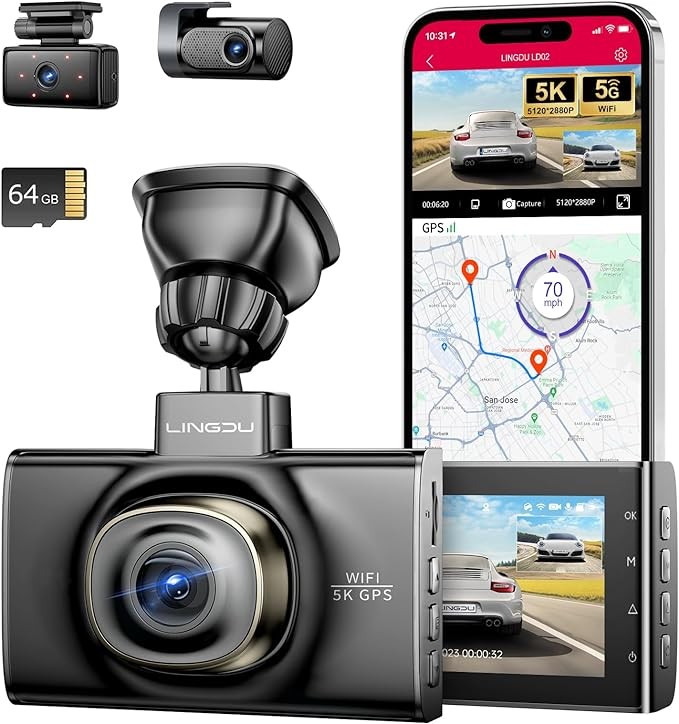 5K Dash Cam Dash Camera WiFi GPS Night Vision 24H Parking Mode Front+Rear+Cabin