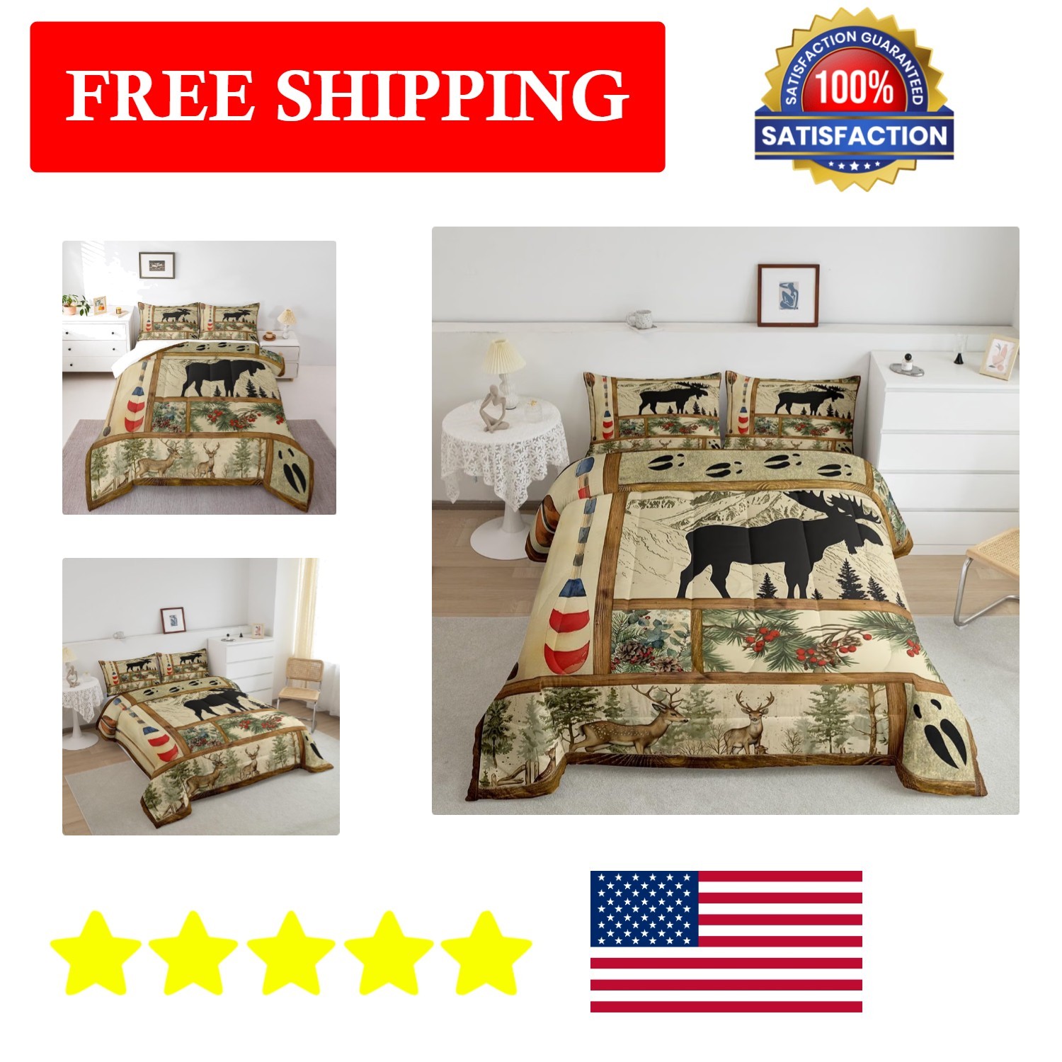Cozy Farmhouse Moose & Paddle Twin Comforter Set with Pillowcase - Modern Design