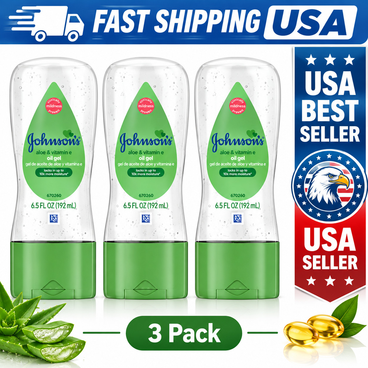 Johnsons Baby Oil Gel Aloe Vera Vitamin E Soothing 6.5 oz 3 Pack