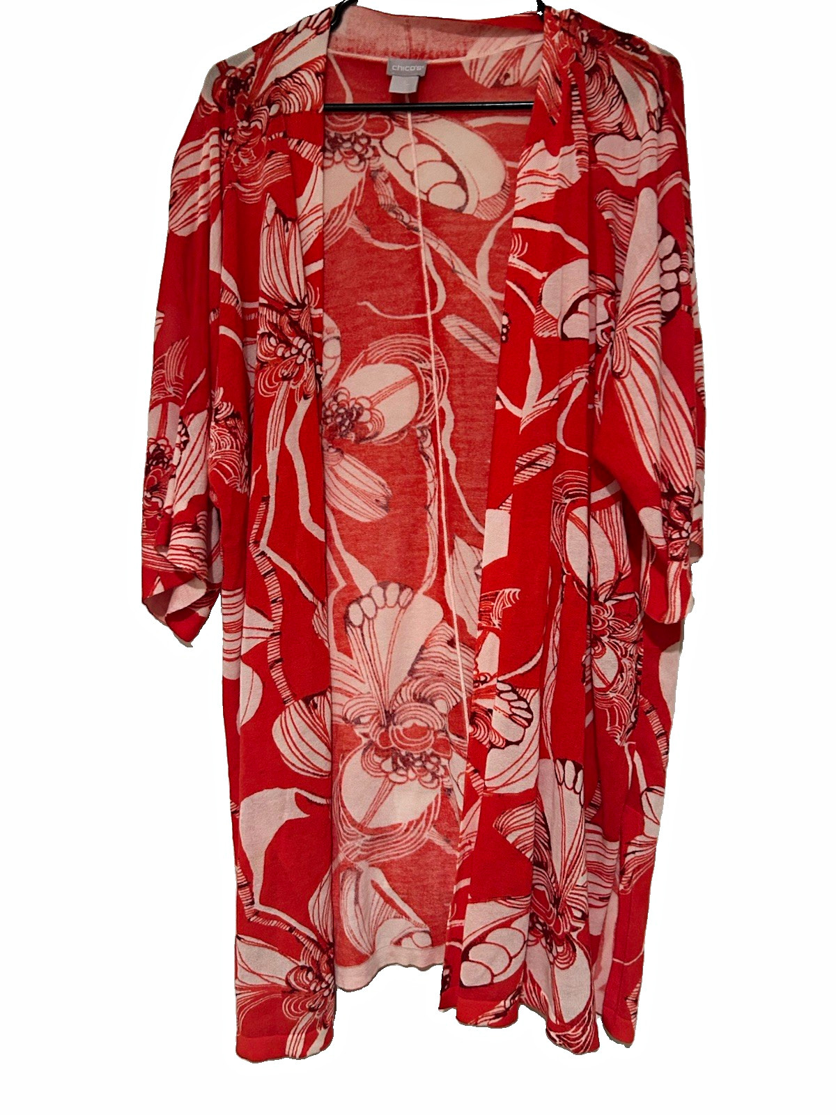 Chico\'s Women\'s Red White Floral Knit Open Front Kimono Cardigan 3/4 Sleeve 2 Chico\'s Women\'s Red White Floral Knit Open Front Kimono Cardigan 3/4 Sleeve 2