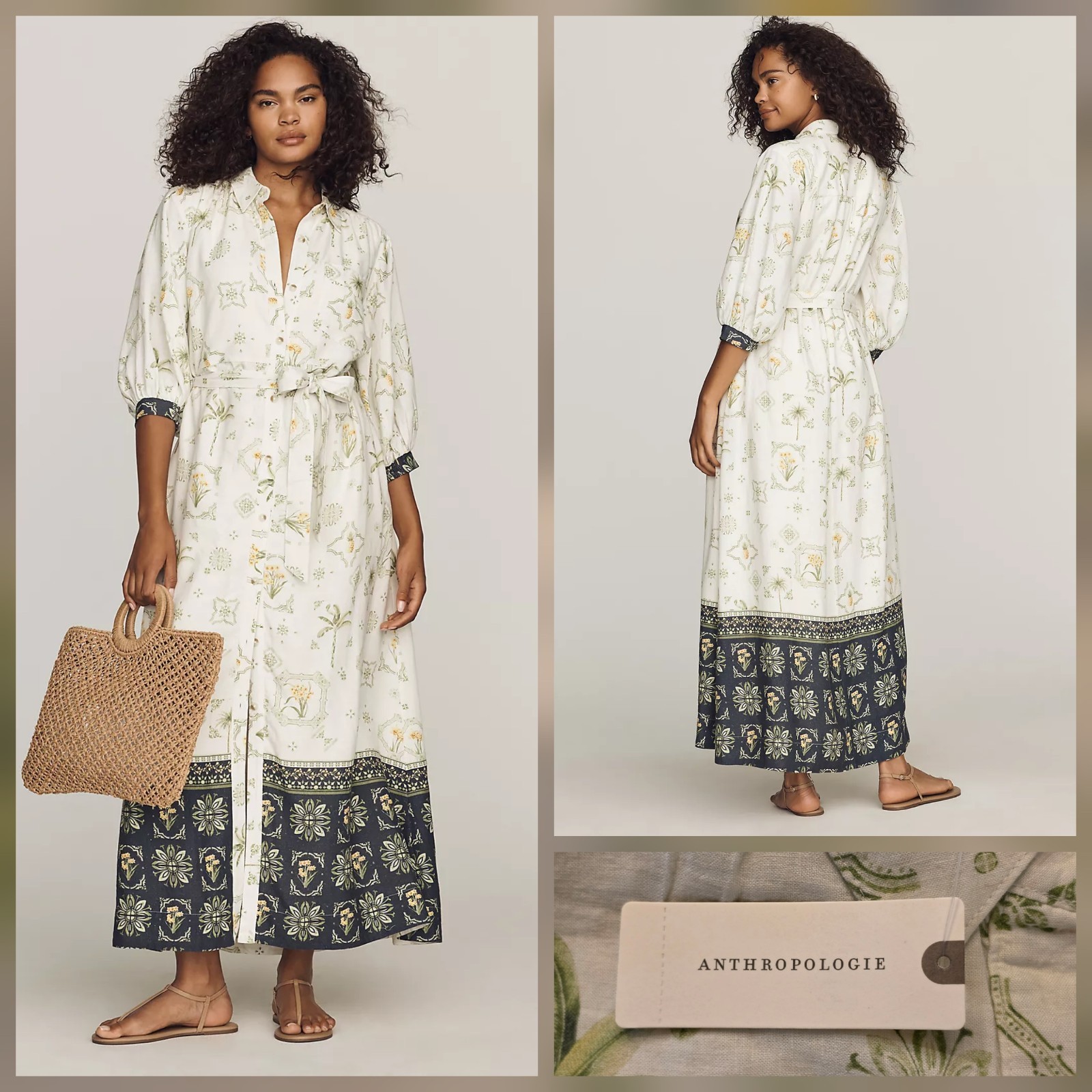 Anthropologie Maeve The Mona Linen Shirt Dress Neutral Pattern XL  NWT $188