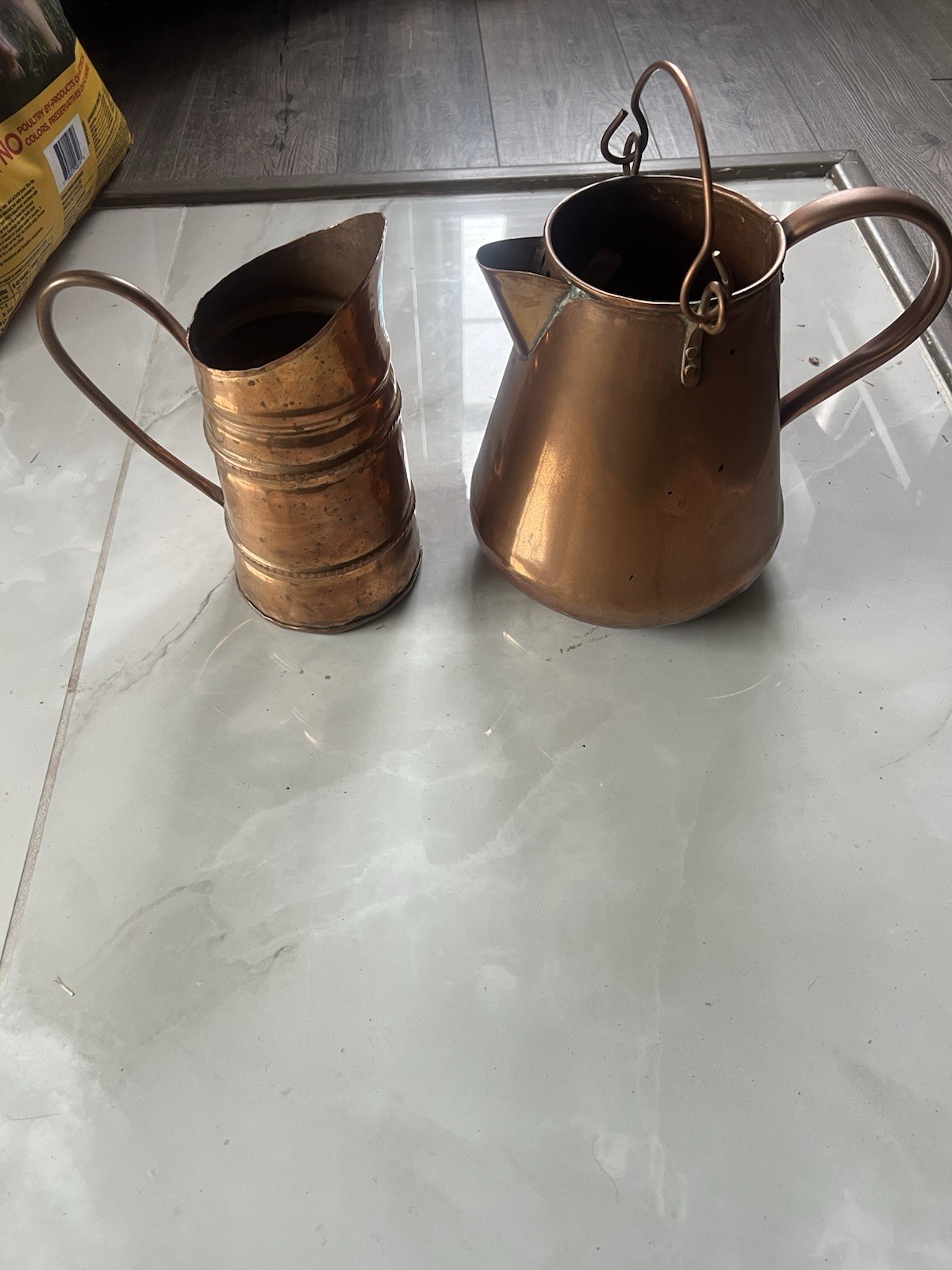 Two Antique Copper Pitchers. One Hammered Appearance, One Smooth Rare Vintage