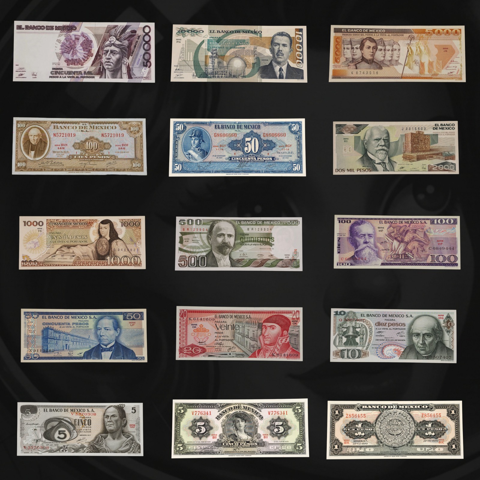 🇲🇽 15 Mexico Pesos Banknotes Lot (1969-1990): 50000, 10000, 5000+, UNC 