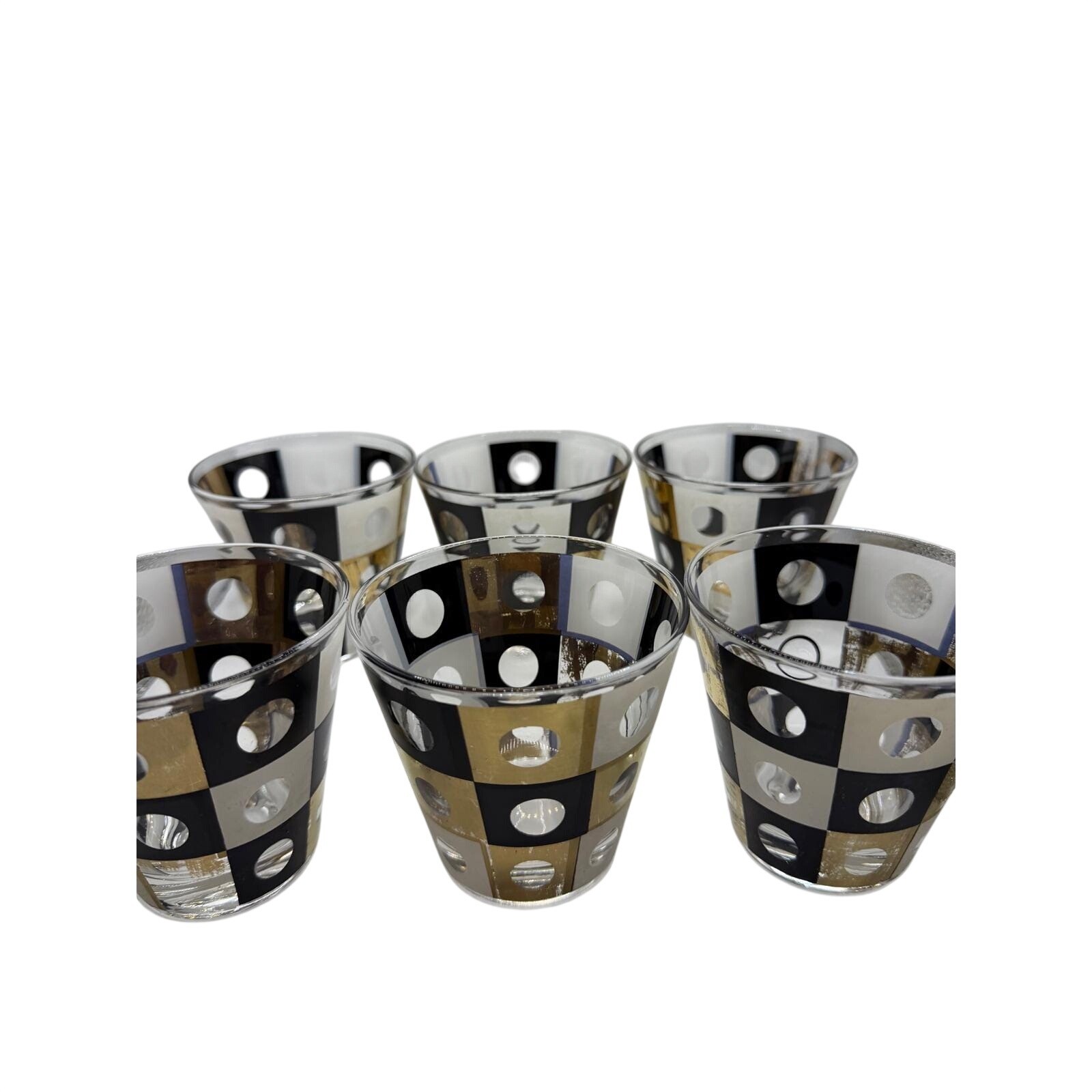 Vintage MCM Black Gold Checkerboard Polka Dot Rocks Glasses Set of 6 Vintage MCM Black Gold Checkerboard Polka Dot Rocks Glasses Set of 6