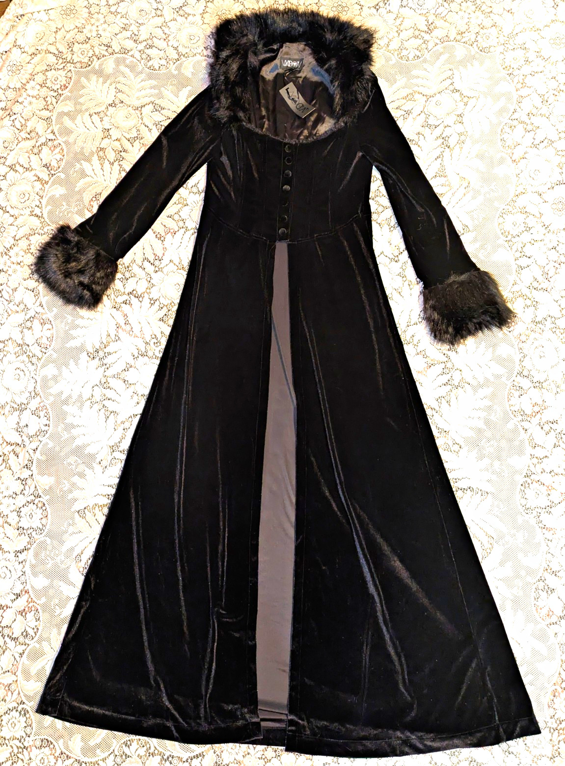 Dolls Kill Widow XL Black Velvet Maxi Coat Fur Collar Gothic Victorian Vampire