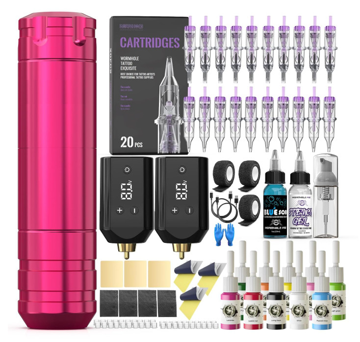 Kit de tatuaje inalámbrico rosa con 2 baterías recargables, 20 agujas de cartuch