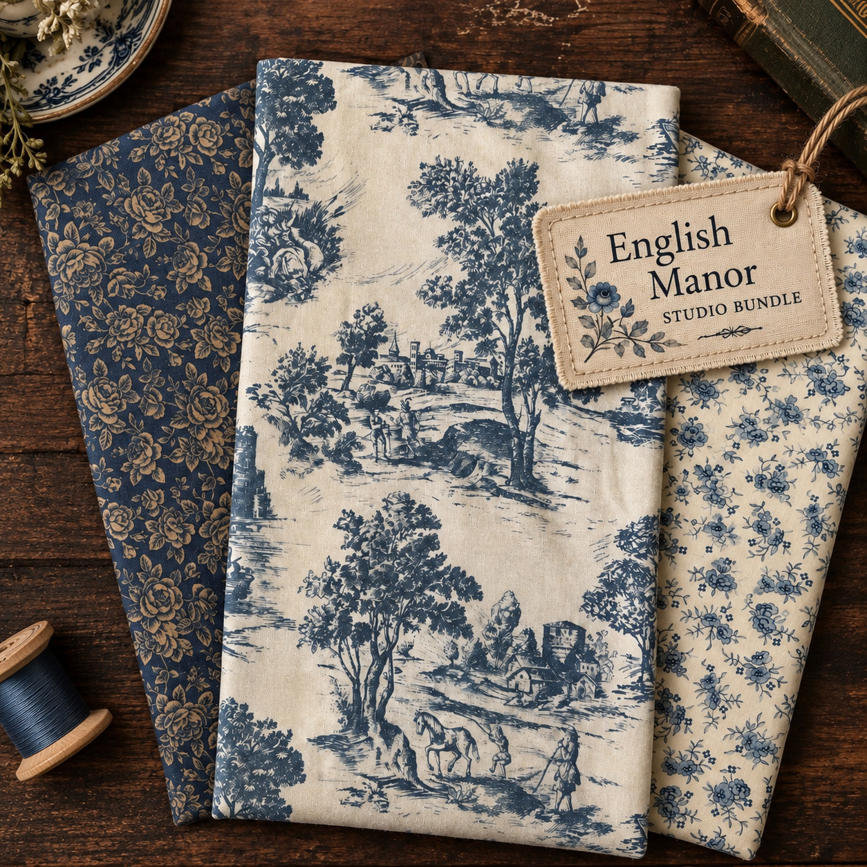 English Manor Curated Fabric Bundle, Vintage Blue, Brown & Cream Fabrics - Toile