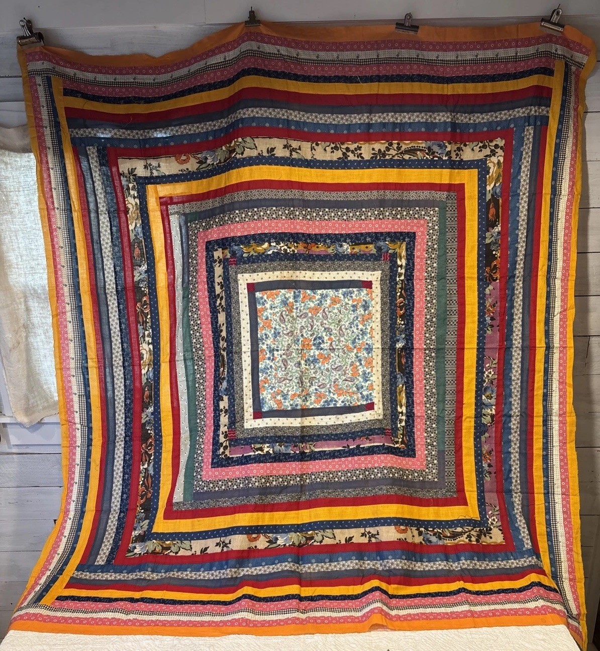 Vtg 1950s/60s String Housetop Quilt Top Geometric Square Patchwork 65” X 69”