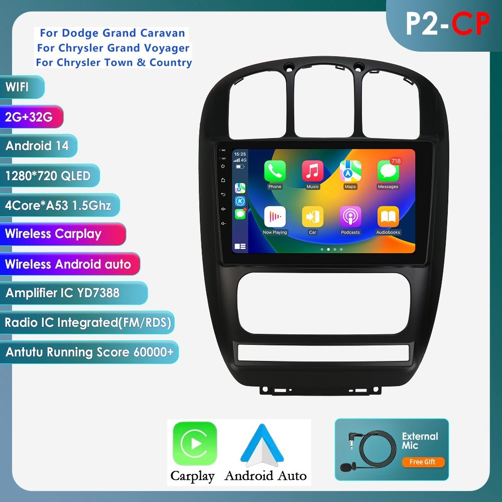 Android 14 Car Radio Stereo For Dodge Grand Caravan 2000-2007 Apple Carplay GPS