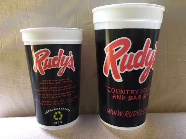 TEXAS RUDY\'S COUNTRY STORE AND BAR-B-Q BBQ PLASTIC CUP REUSABLE (LARGE on right)