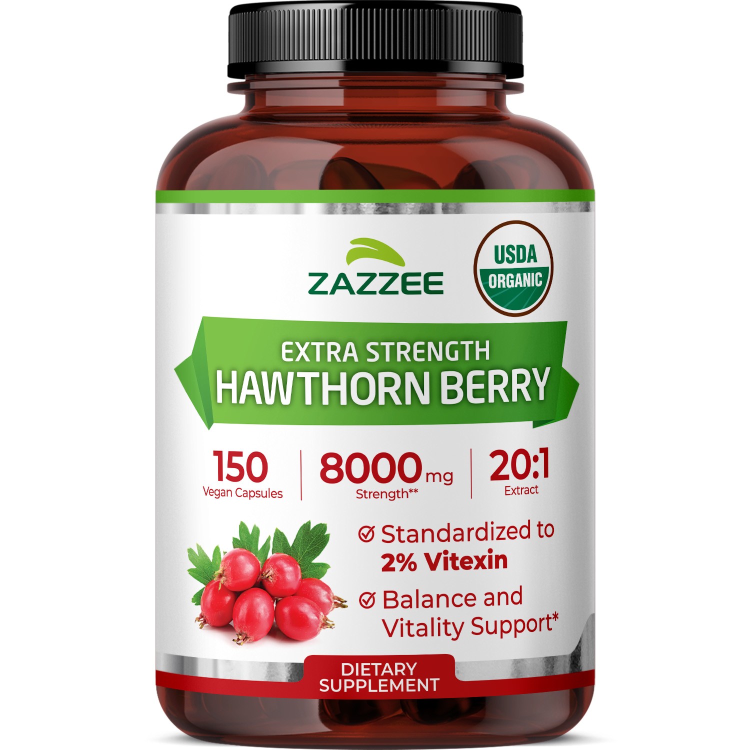 Zazzee USDA Organic Hawthorn Berry 20:1 Extract, 8000 mg Strength, 2% Vitexin