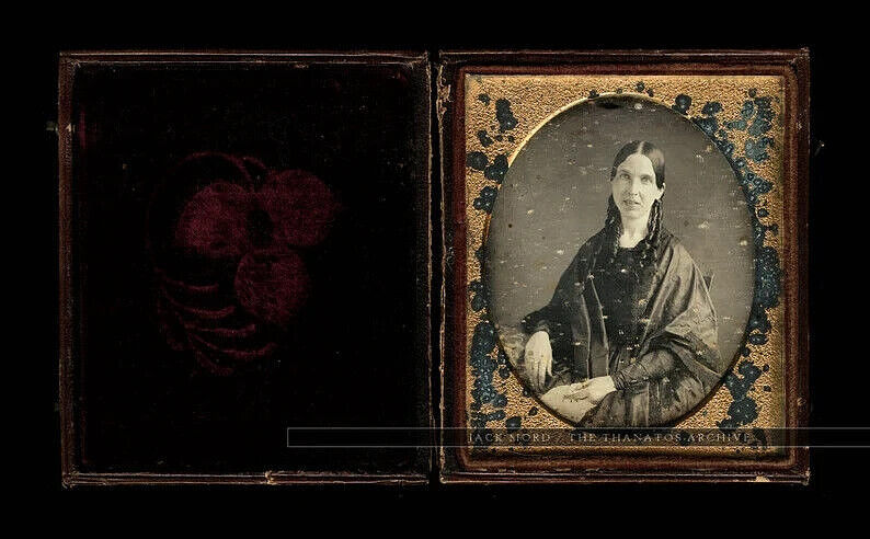 1840s daguerreotype Photo smiling woman long Curls In hair Leather Case Antique 1840s daguerreotype Photo smiling woman long Curls In hair Leather Case Antique